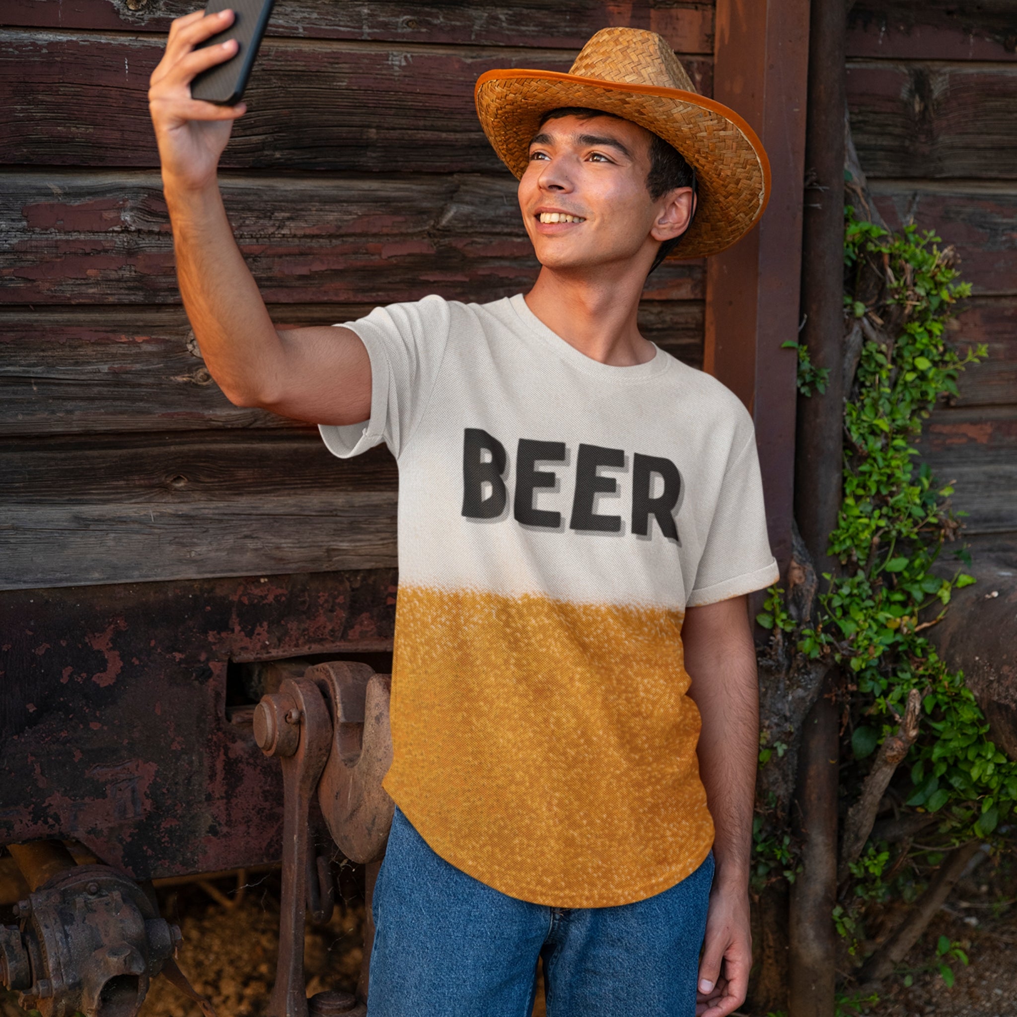 Happy young man taking a selfie wearing the Beer Bubbles all over print men's T-shirt.