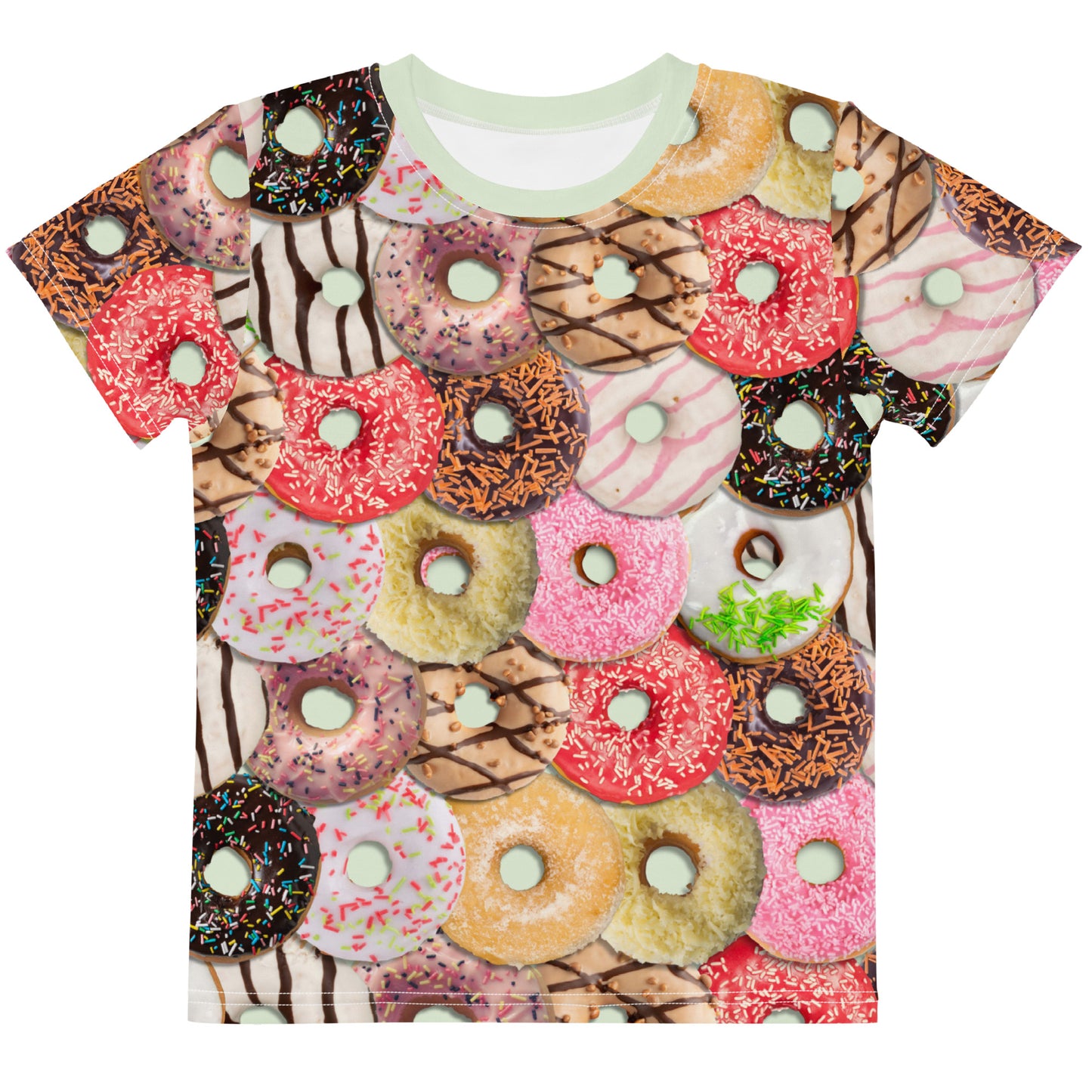 Colourful iced doughnuts all over print T-shirt, laid flat, front view.