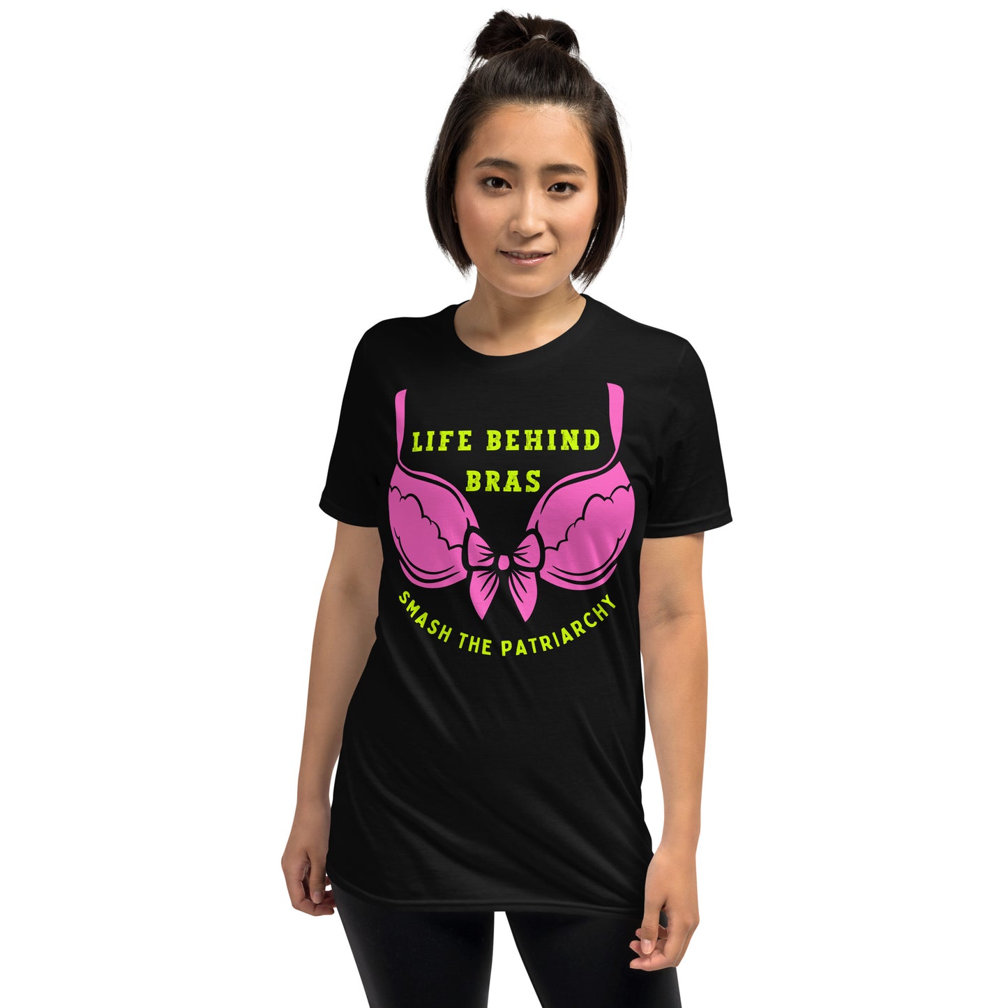 woman wearing a Feminism T-shirt Life Behind Bras, Smash the Patriarchy.