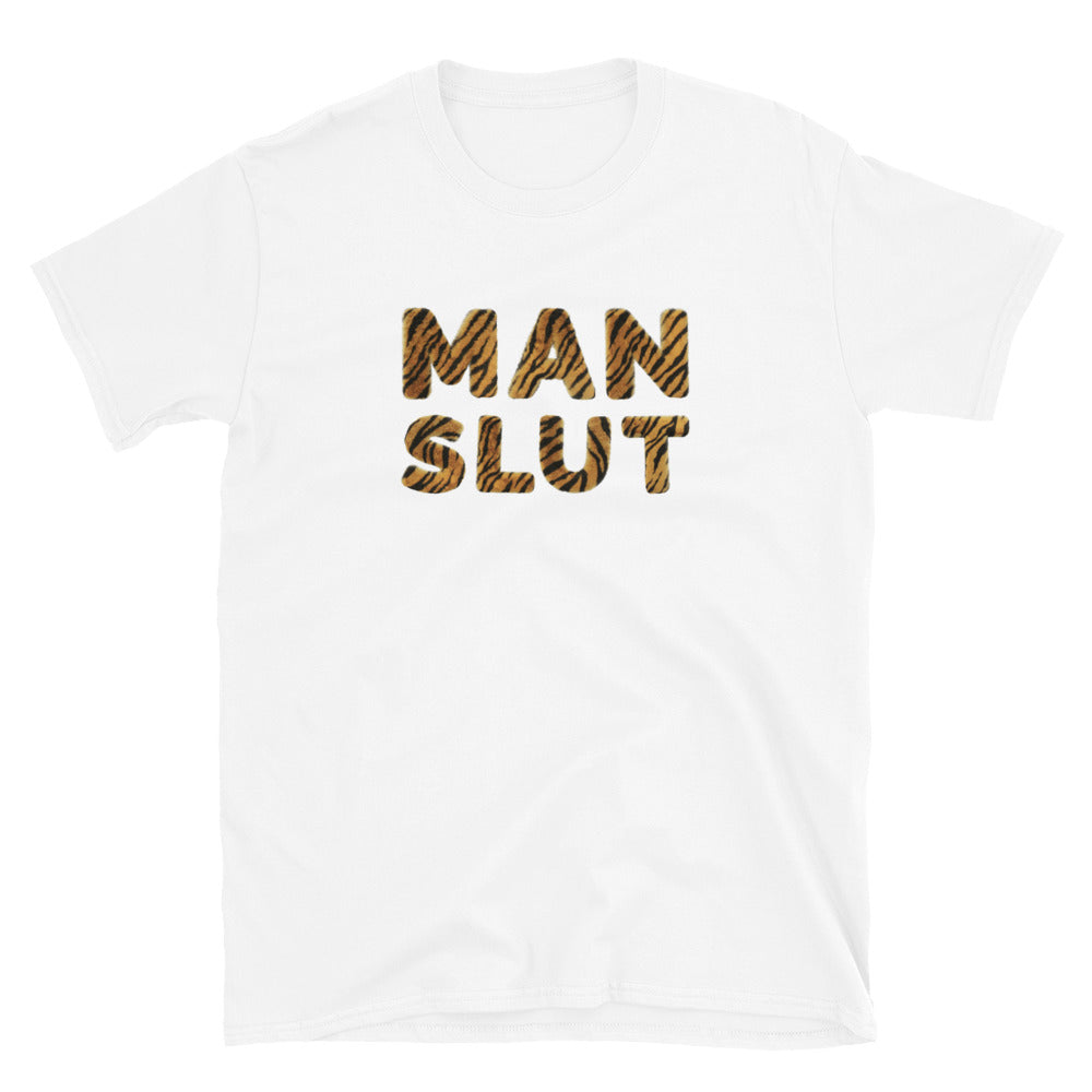 funny Man Slut T-shirt with Tiger Fur Printed Letters, white