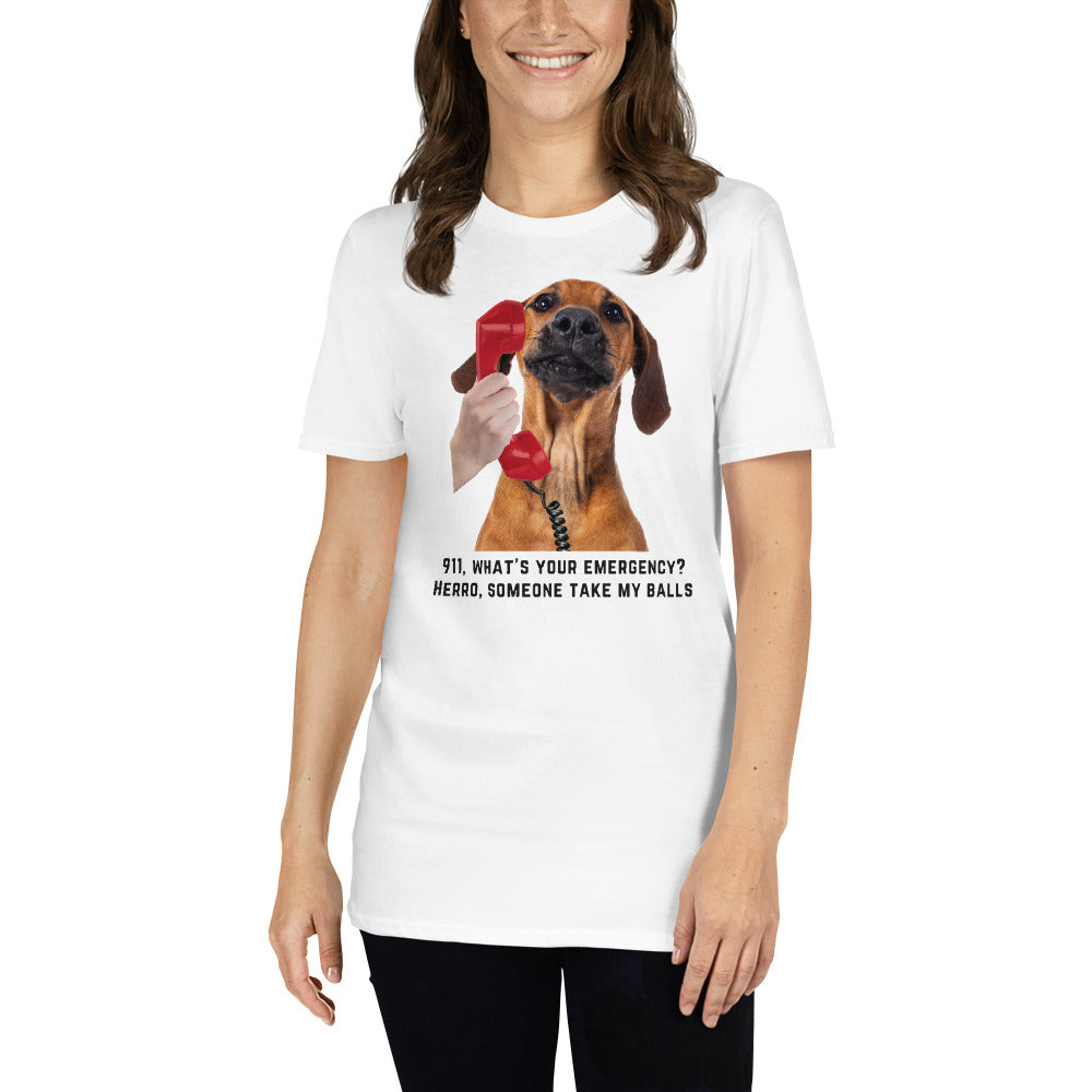 young woman wearing a tshirt featuring a floppy earred dog calls 911 to report his balls missing