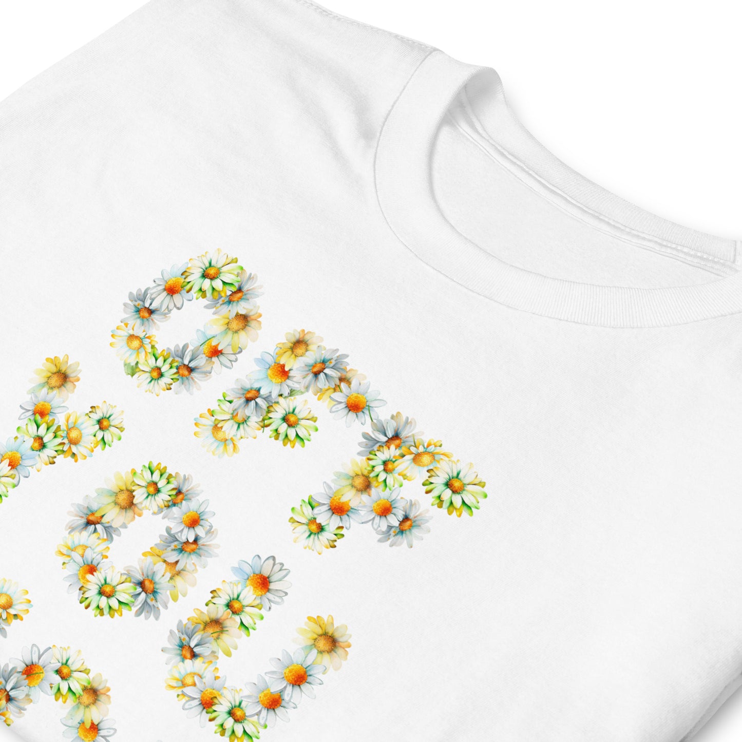 Offensive Off You Fuck T-shirt with text made of Daisies, folded and laid flat, in white colour.