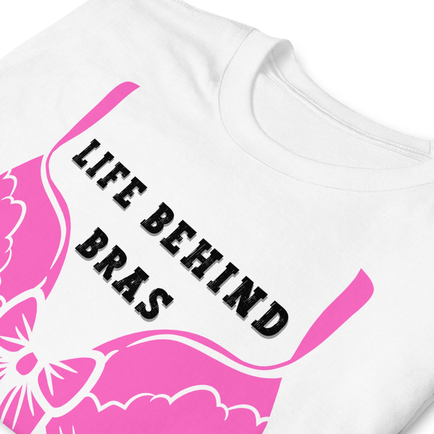 folded white Feminism T-shirt Life Behind Bras, Smash the Patriarchy.