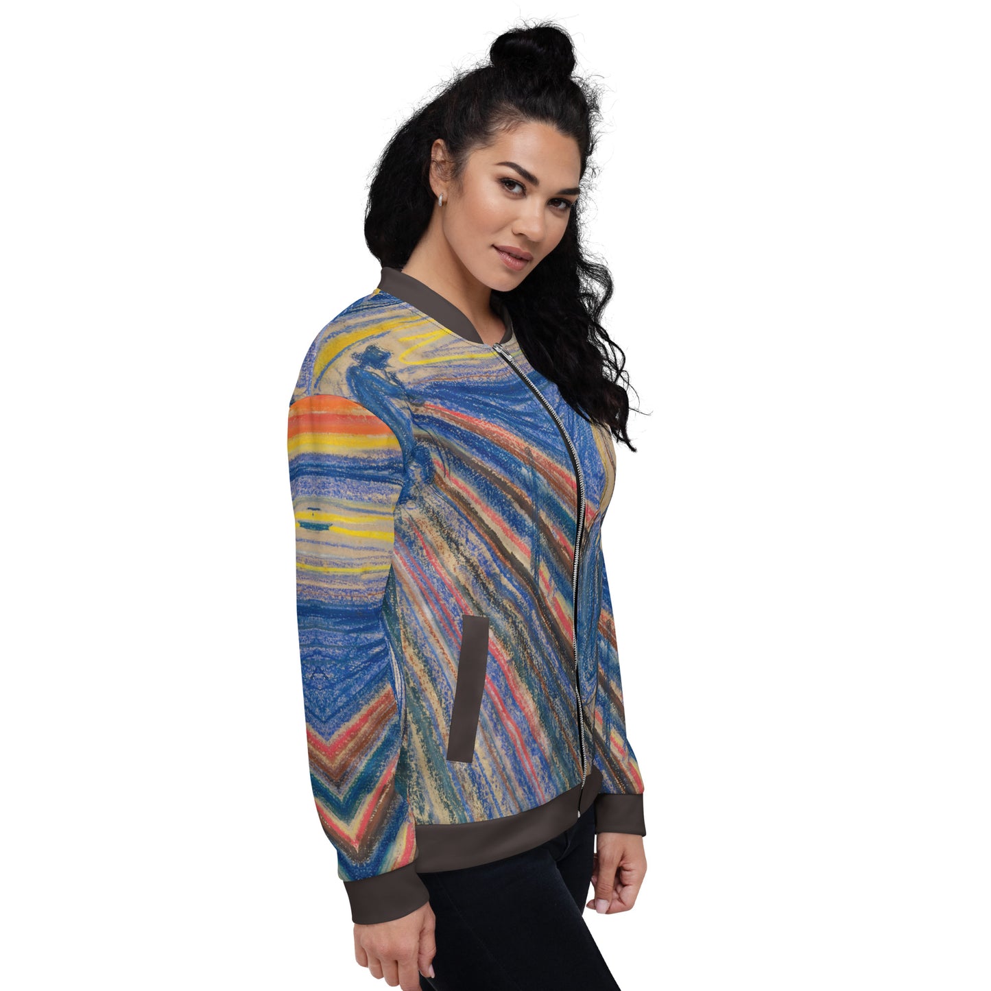 Lightweight bomber style jacket printed all over with Edvard Munch's The Scream. Female model.
