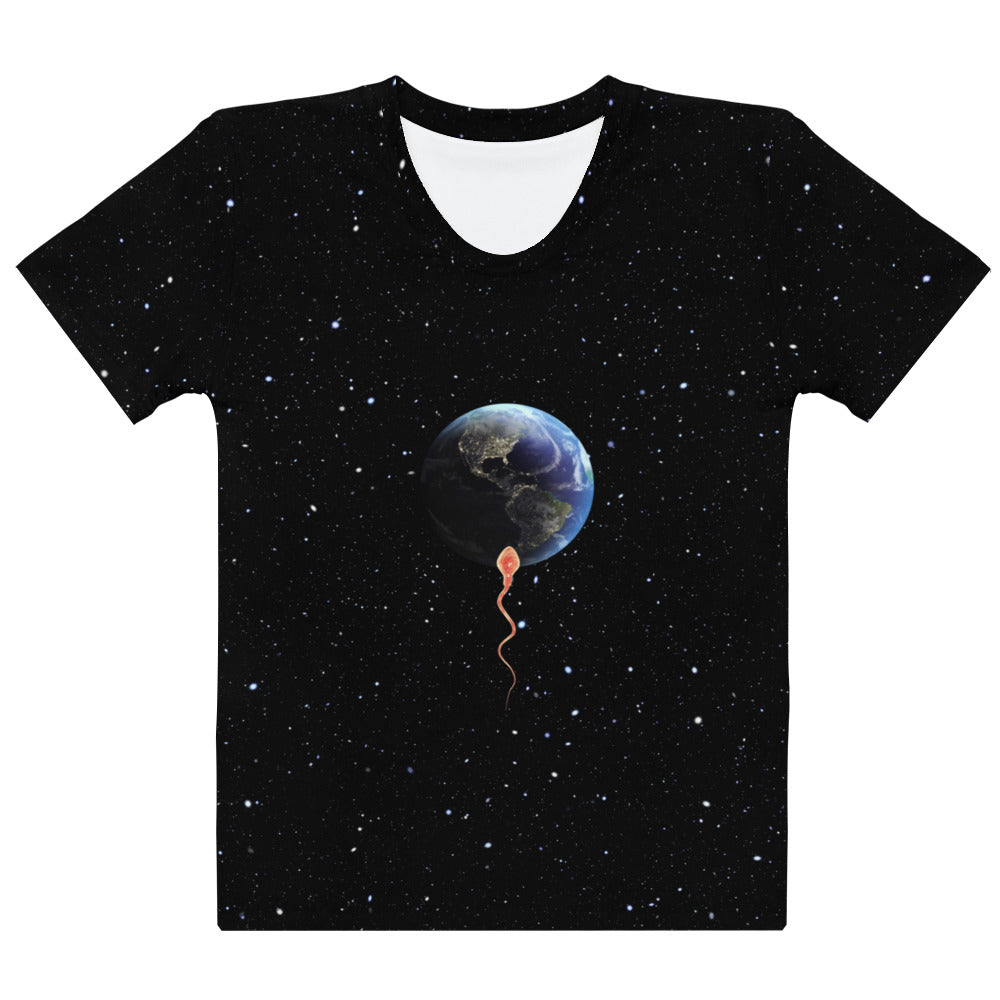 Outer Space Save the Planet All Over Print T-shirt with a sperm trying to penetrate Planet Earth, laid flat, front view.