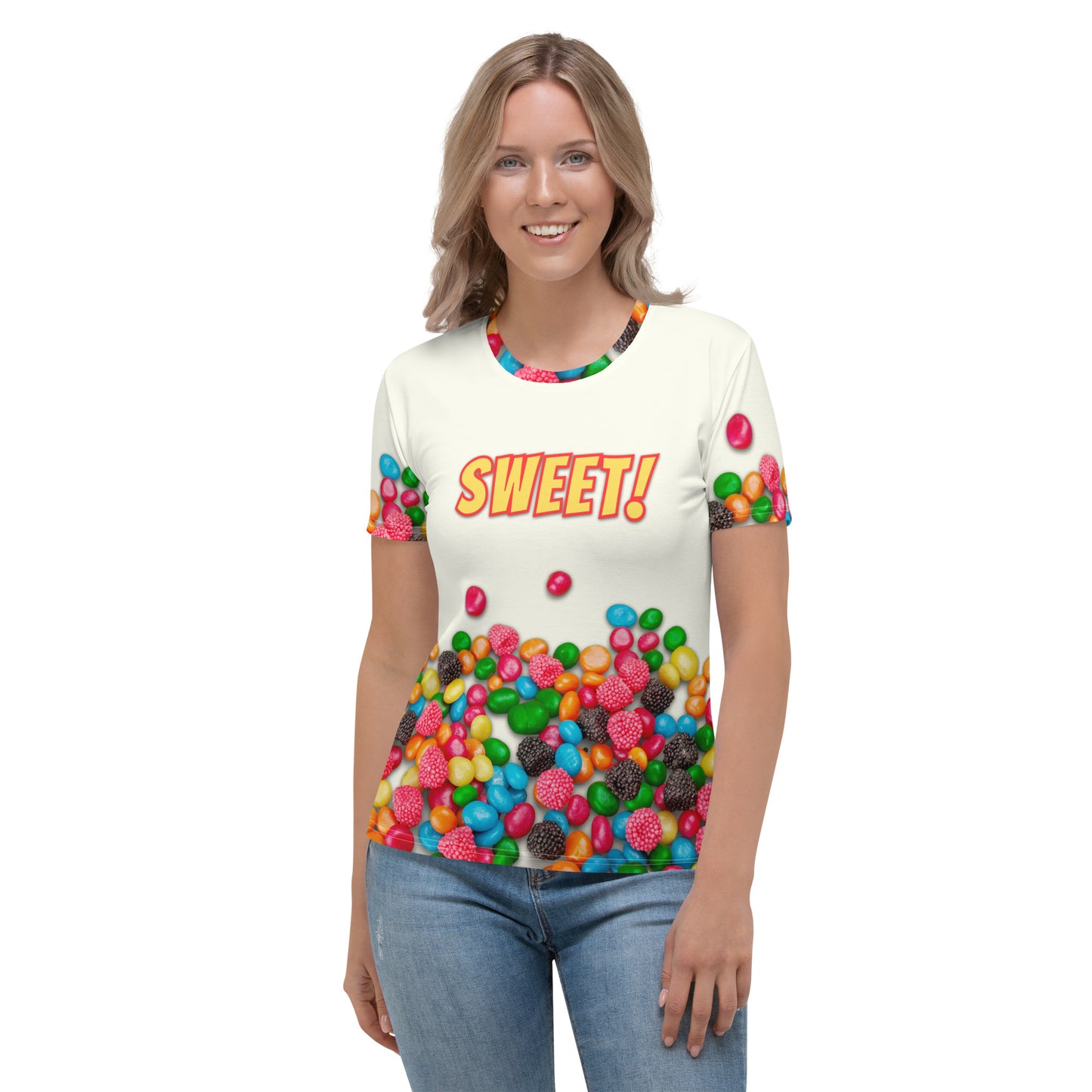 young woman wearing an all over print colourful Candy print T-shirt with SWEET! on the front, facing forwards
