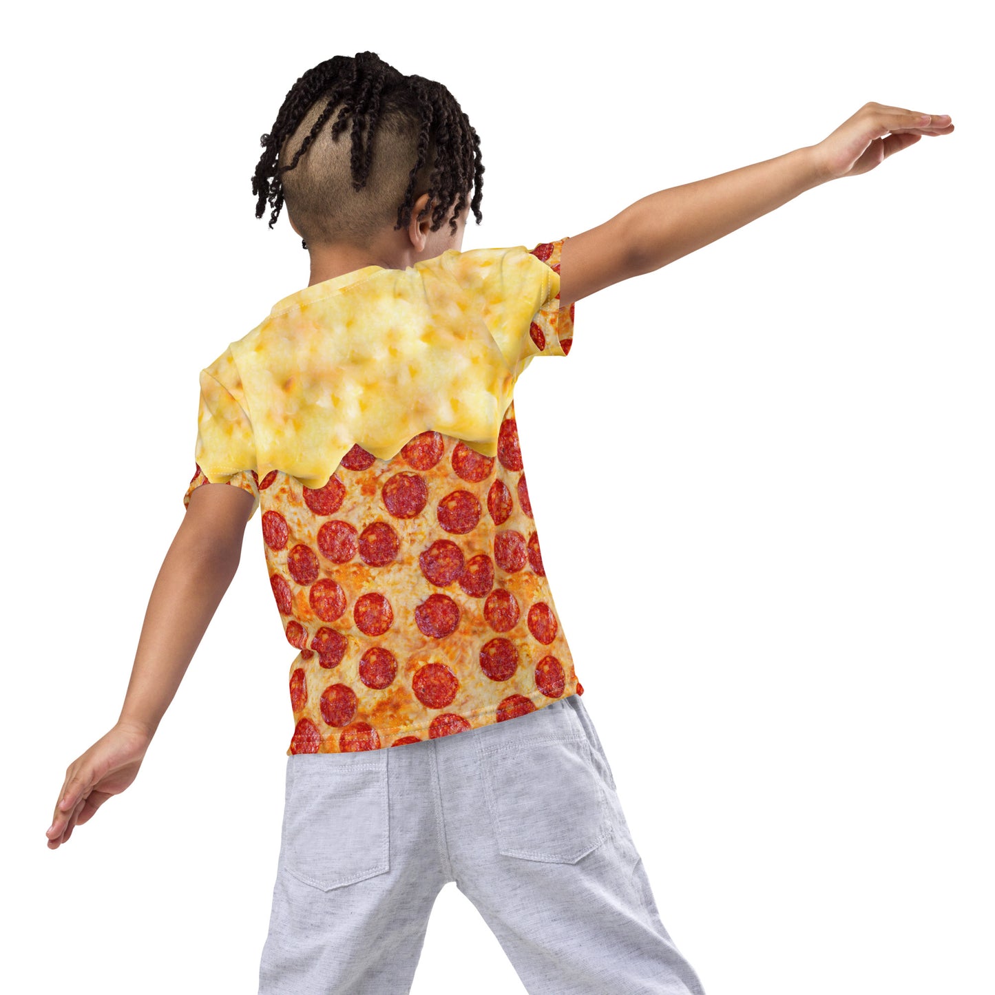 little boy wearing an all over print pepperoni pizza kid's t-shirt with cheese melting down from his shoulders, rear view