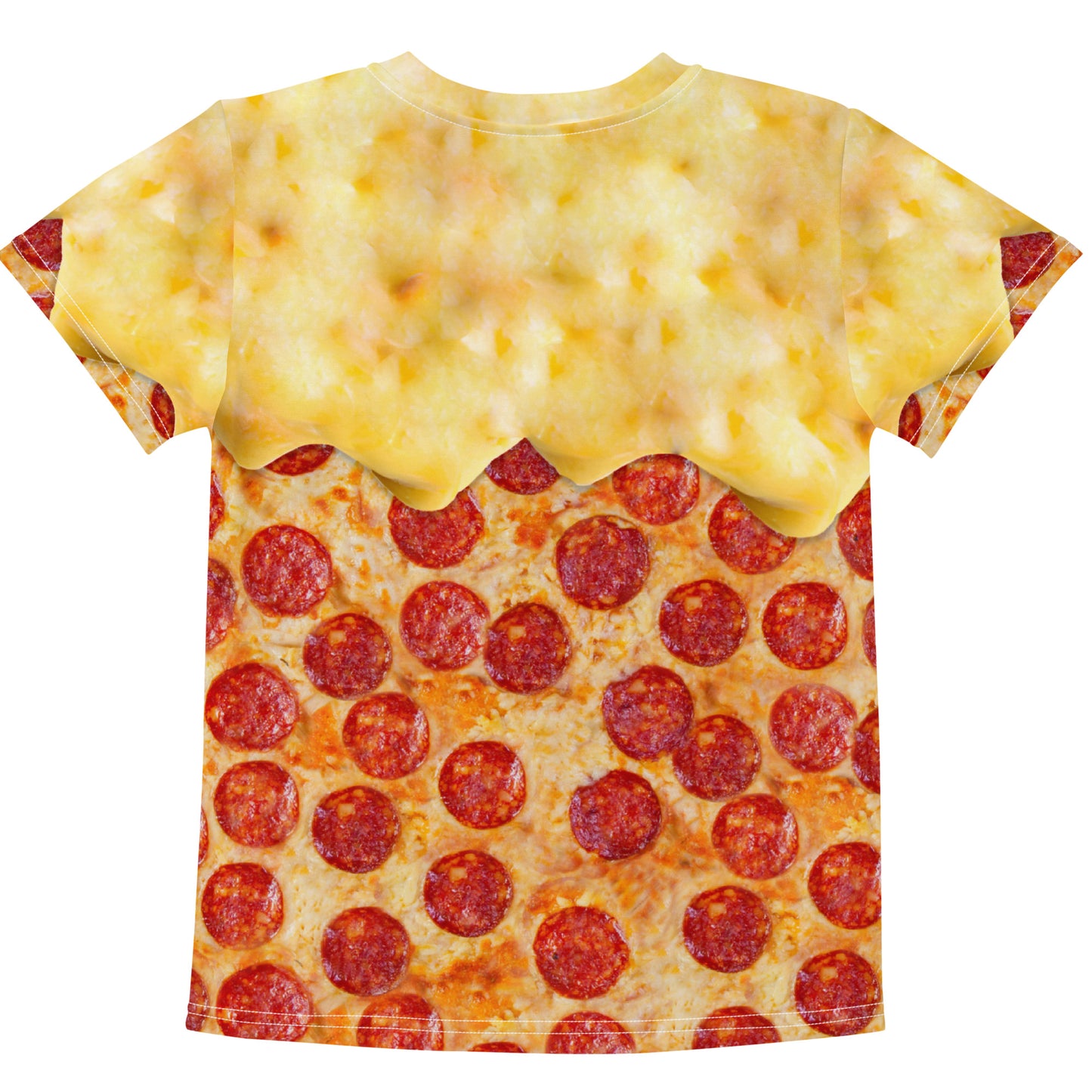 pepperoni pizza with melting cheese kid's all over print t-shirt, rear view laid flat