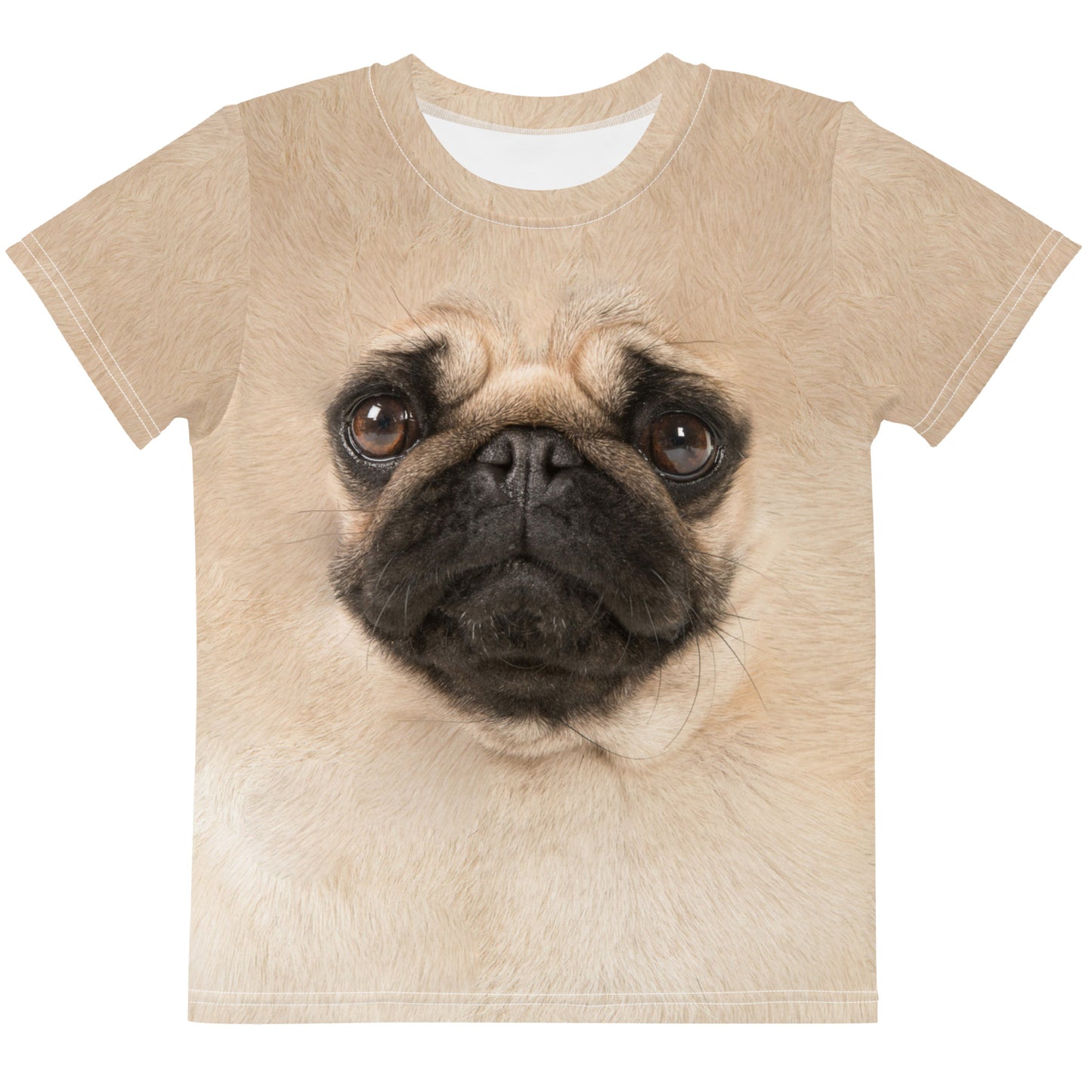 Pug face all over print T-shirt laid flat showing the front