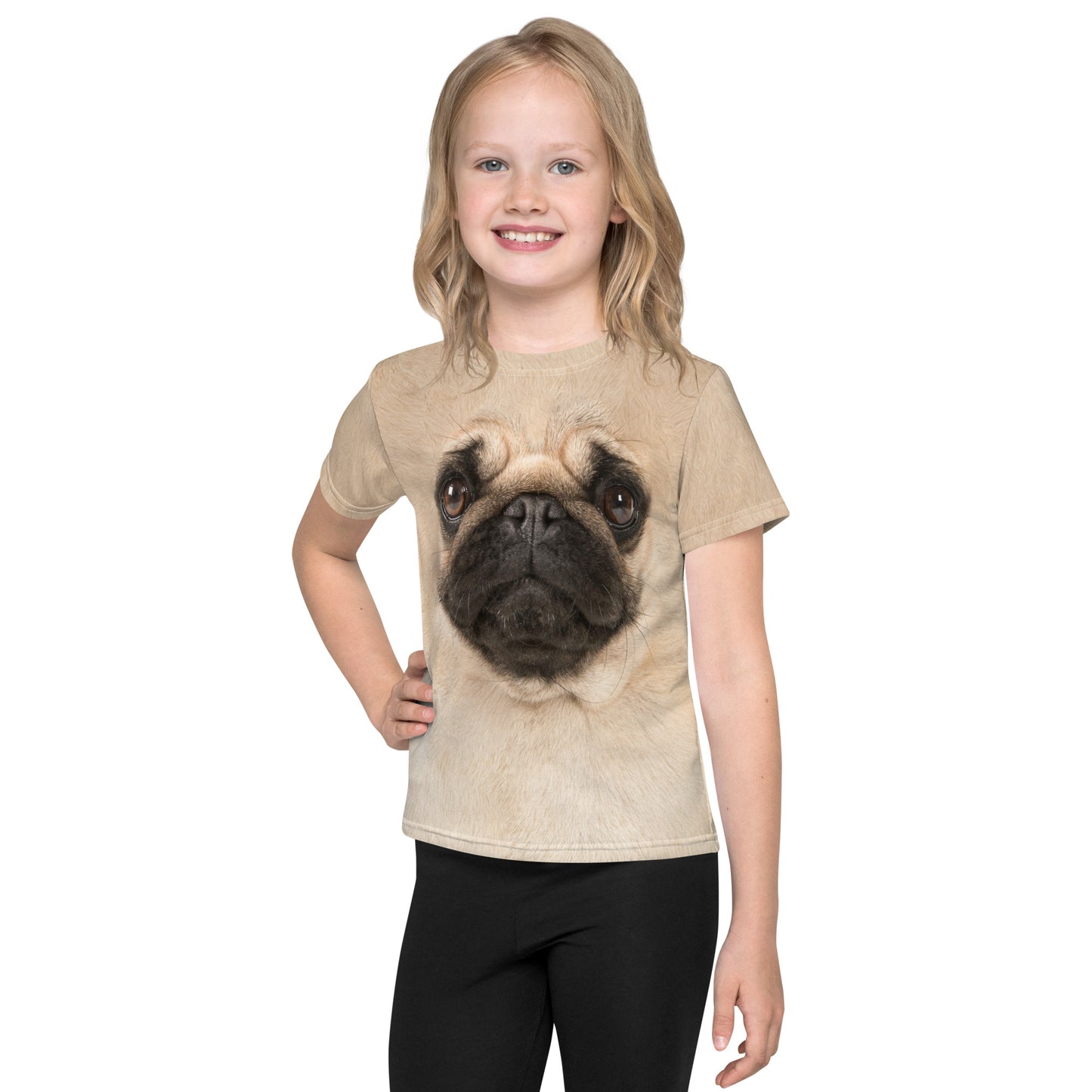 Little girl with hand on her hip wearing the pug face all over print T-shirt.