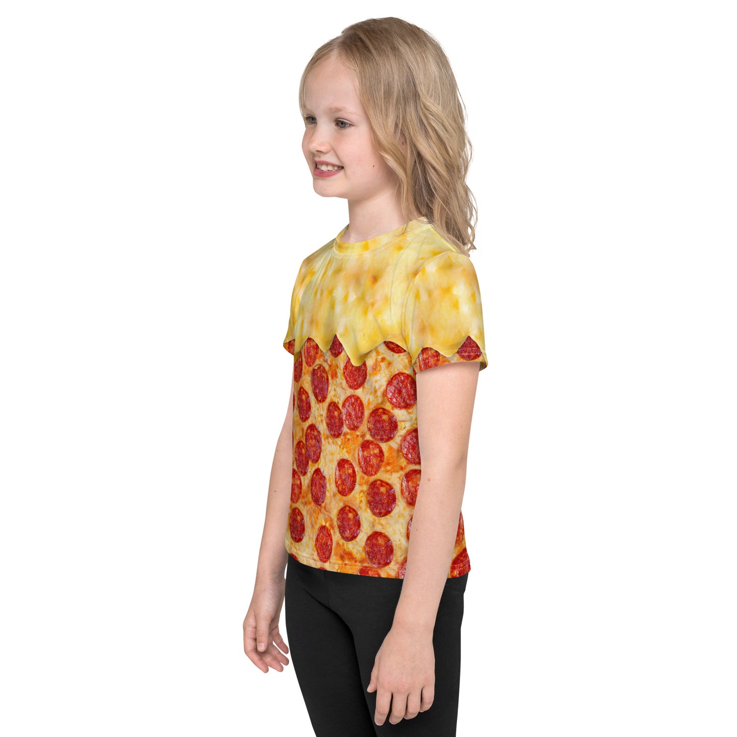 little girl wearing a pepperoni pizza kid's all over print t-shirt with melting cheese, left side