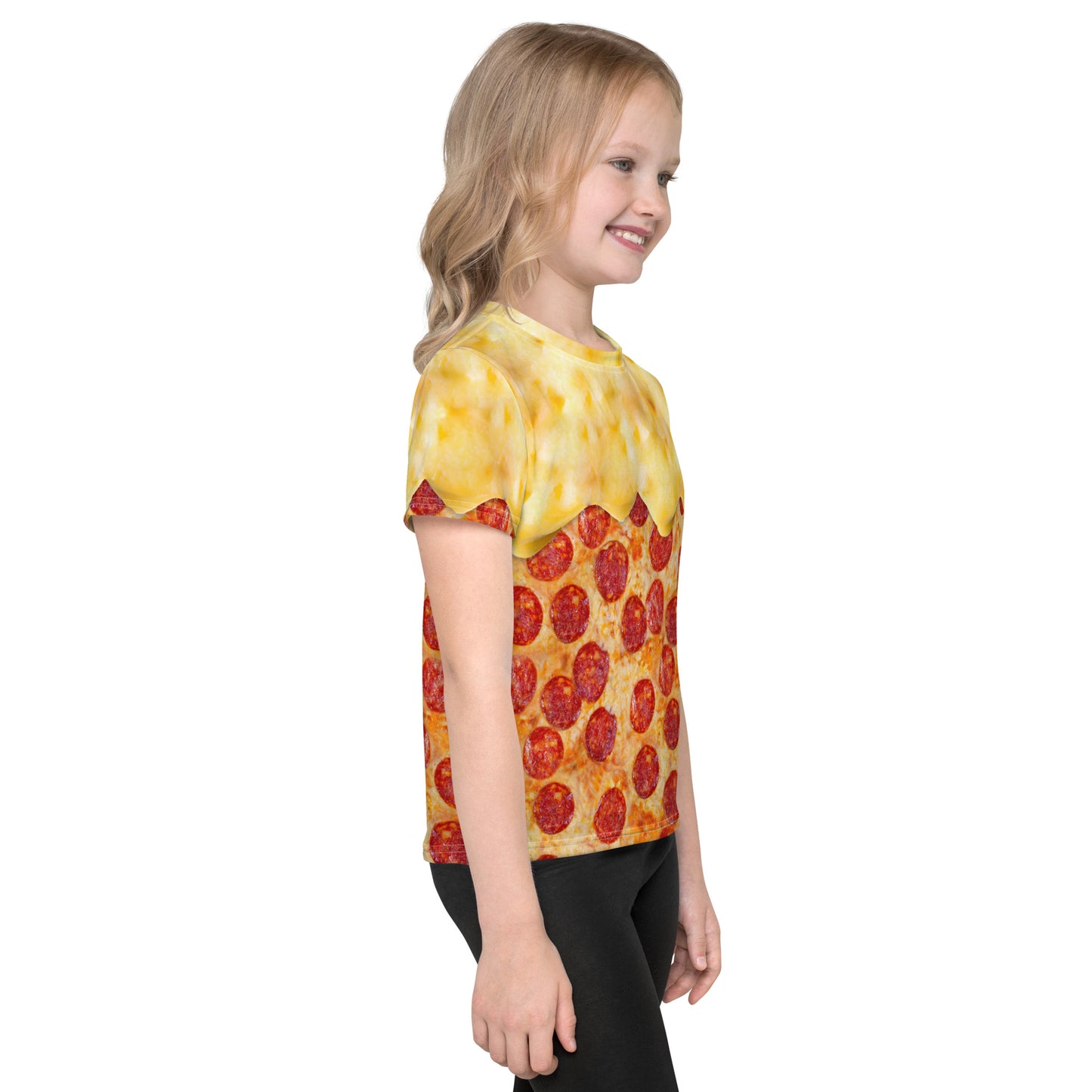little girl wearing a pepperoni pizza kid's all over print t-shirt with melting cheese, right view