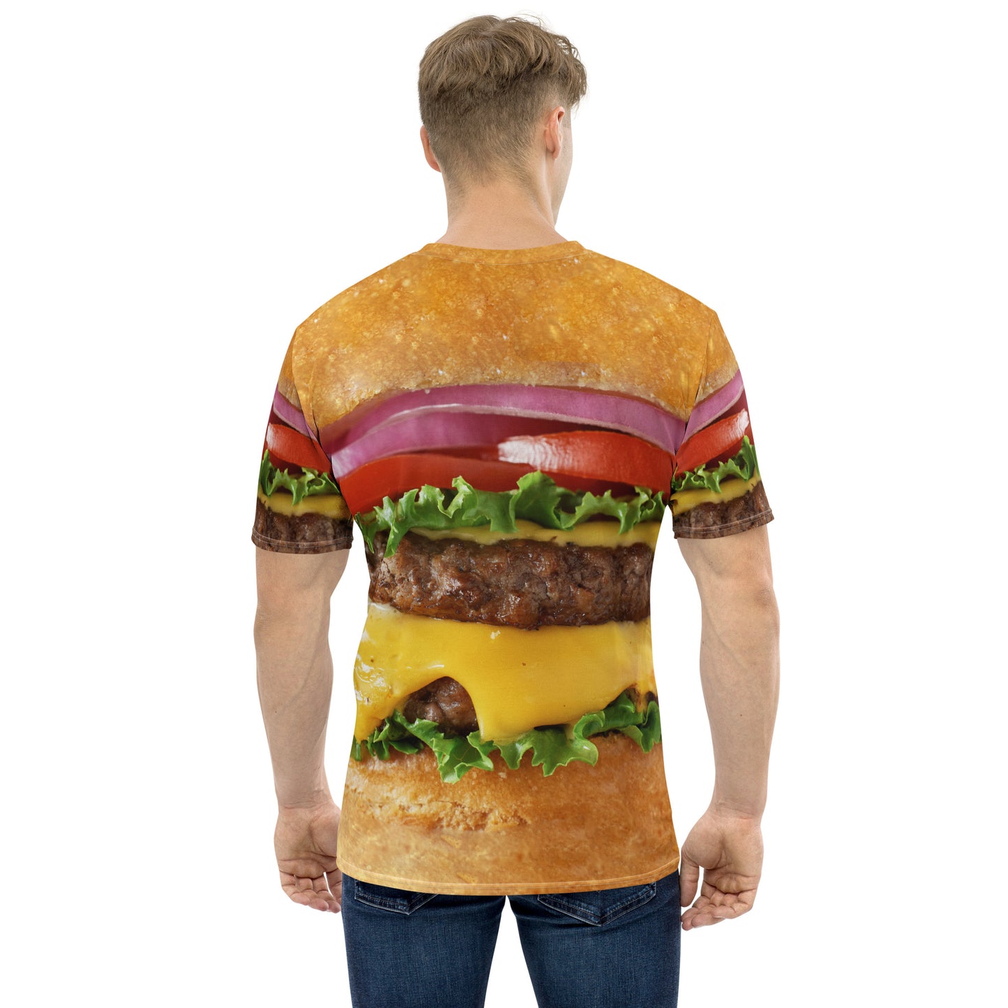 male model wearing Men's all over print cheeseburger T-shirt rear view