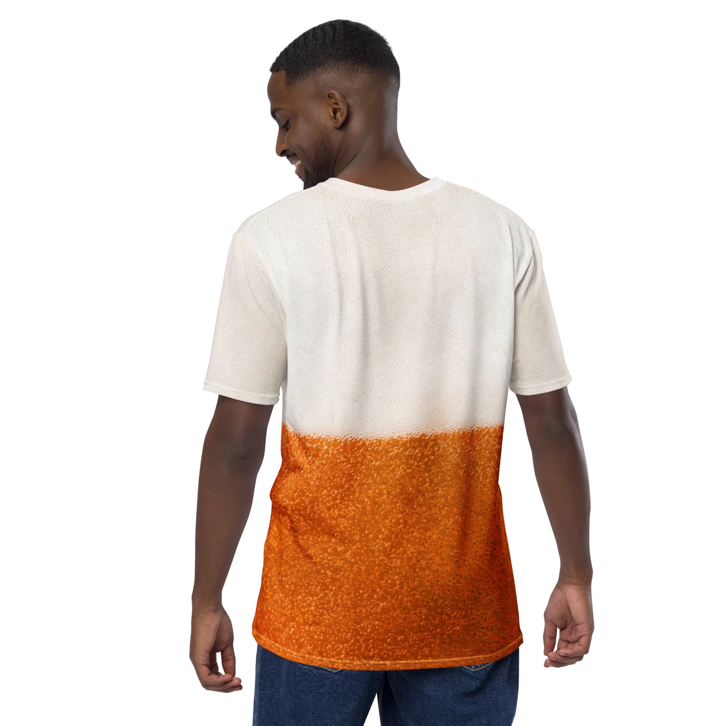 male model wearing Beer bubbles with a frothy head all over print men's T-shirt rear view
