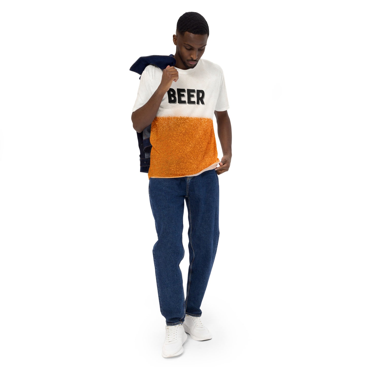 male model walking wearing Beer bubbles with a frothy head all over print men's T-shirt with text that reads BEER