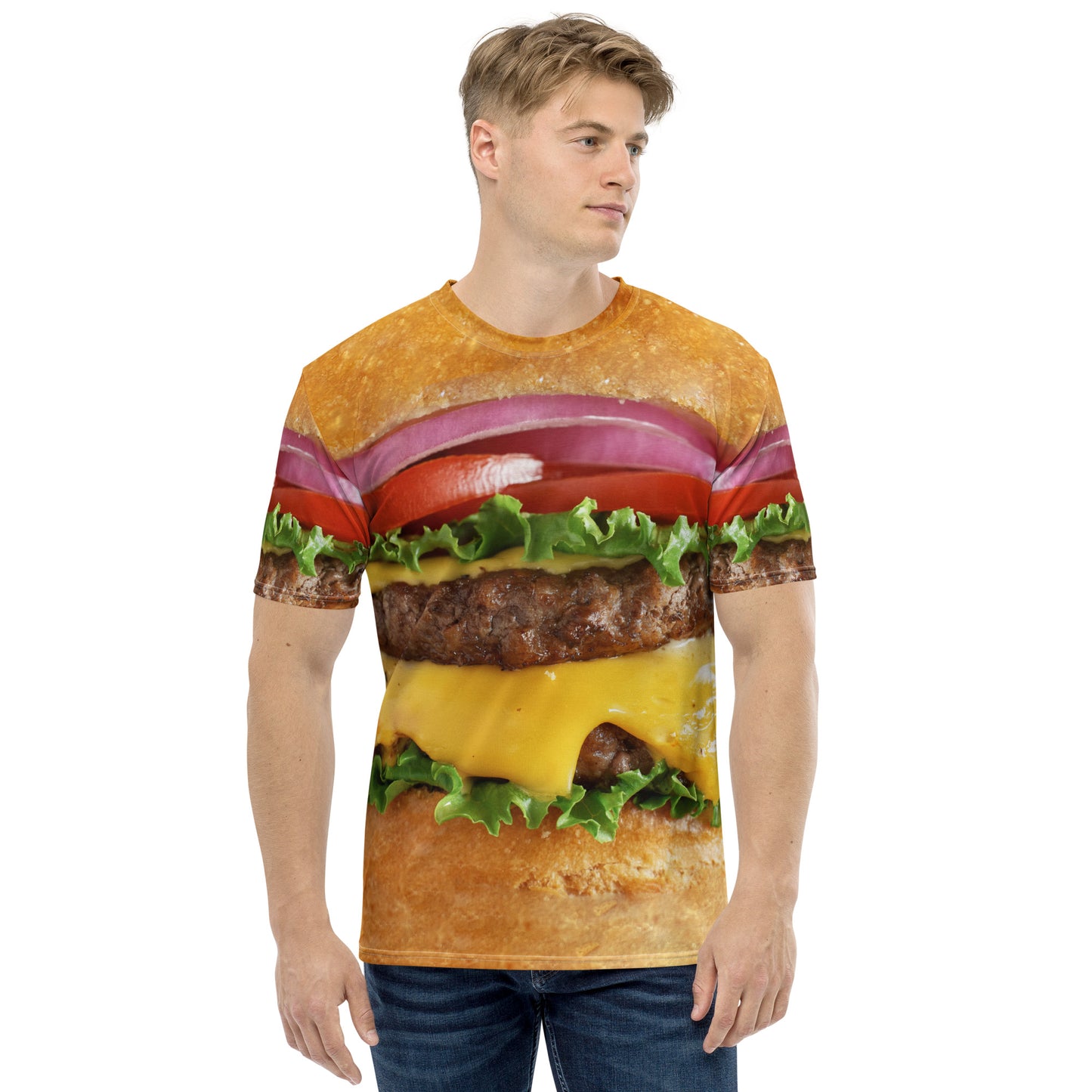 male model wearing Men's all over print cheeseburger T-shirt front view