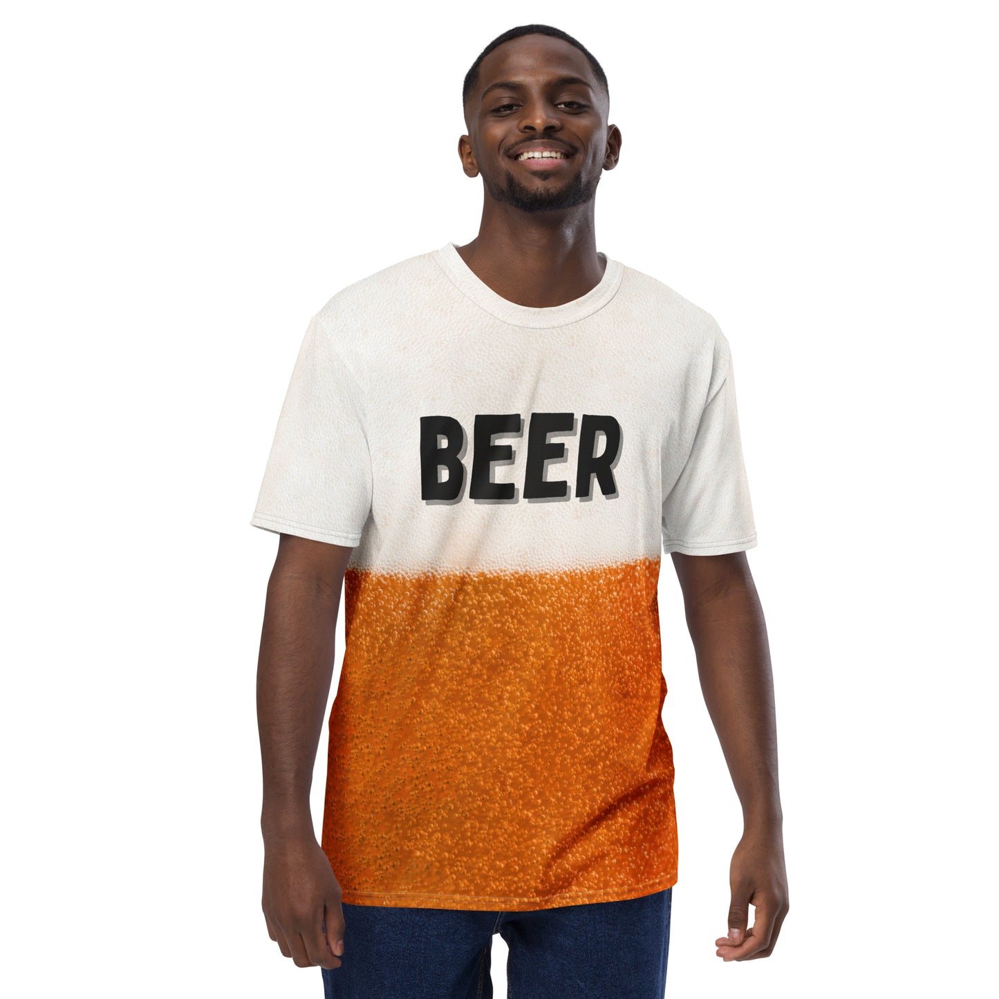 Male model wearing Beer bubbles with a frothy head all over print men's T-shirt with text that reads BEER