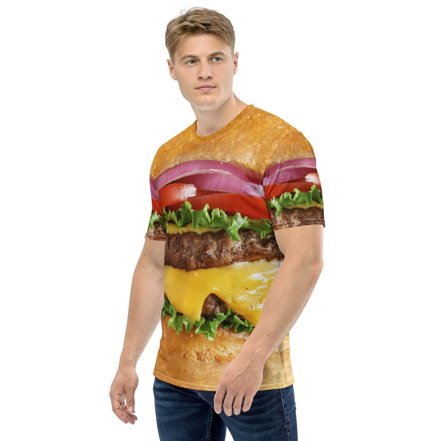 male model wearing Men's all over print cheeseburger T-shirt front left view