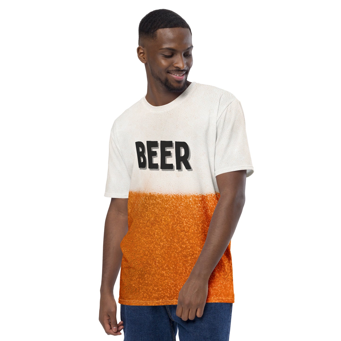 male model wearing the Beer bubbles with a frothy head all over print men's T-shirt with text on the front that reads BEER