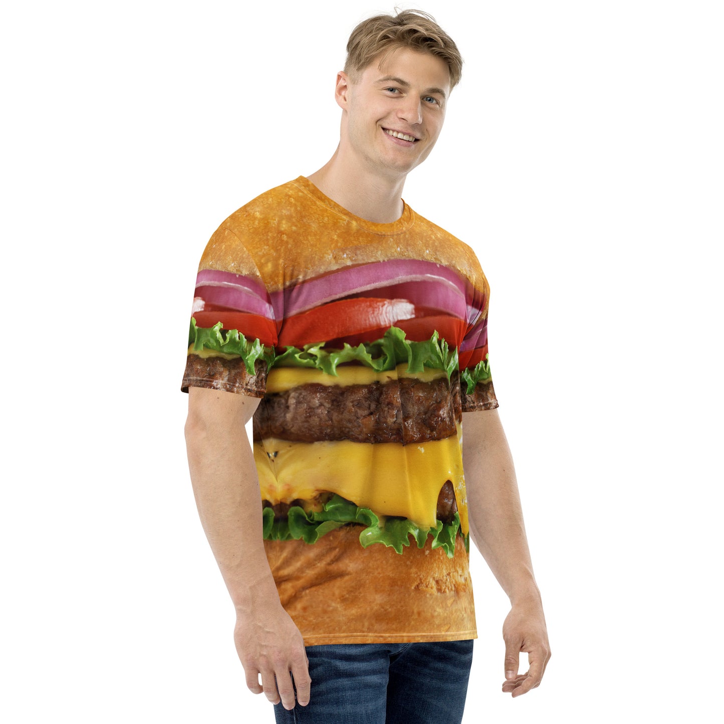 male model wearing Men's all over print cheeseburger T-shirt front right view