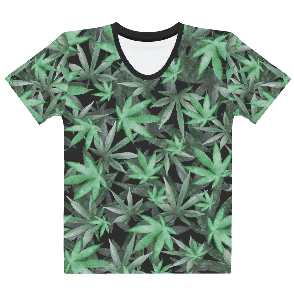 Cannabis hemp leaves marijuana all over print women's T-shirt laid flat front