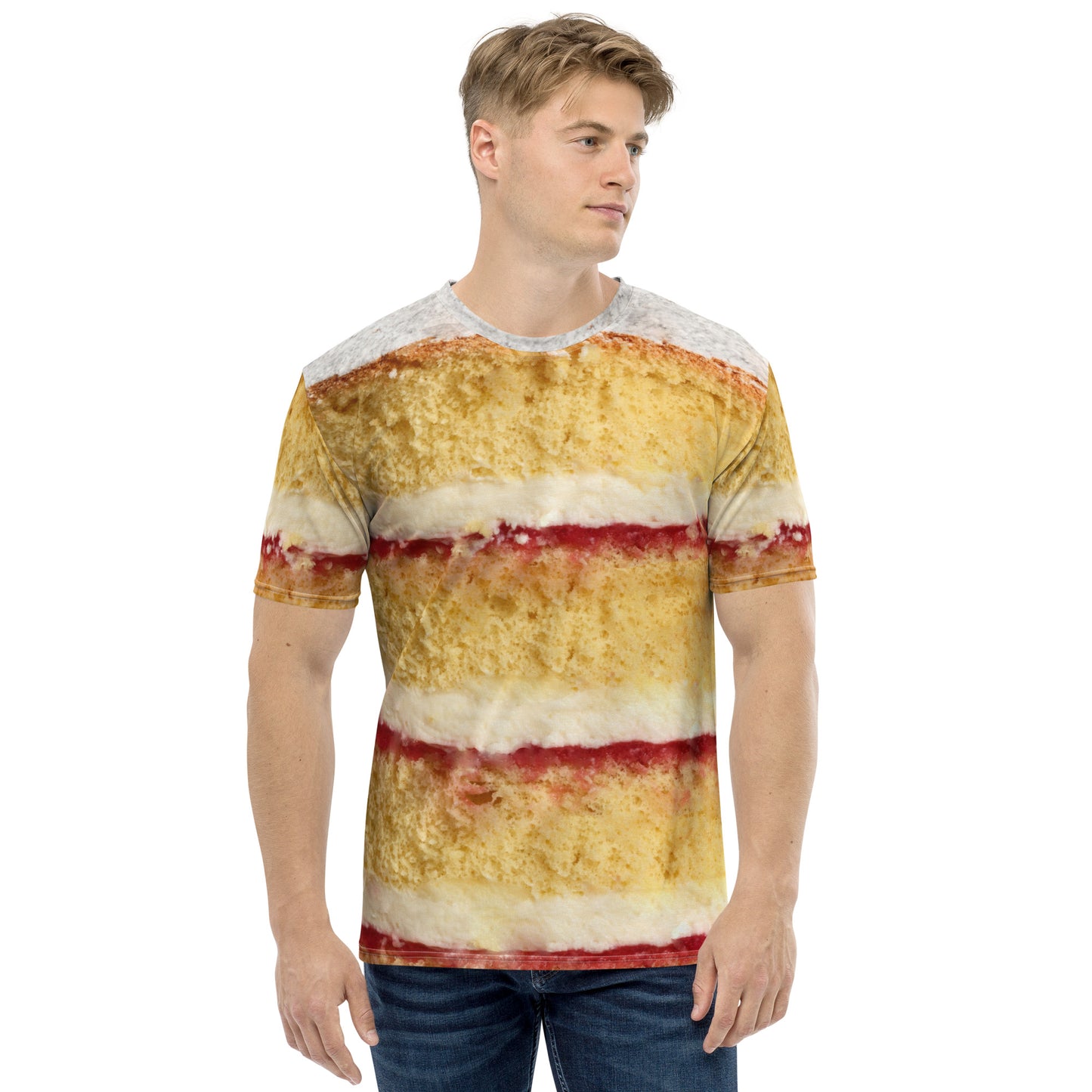 male model wearing Victoria sponge cake layers men's all over print T-shirt front