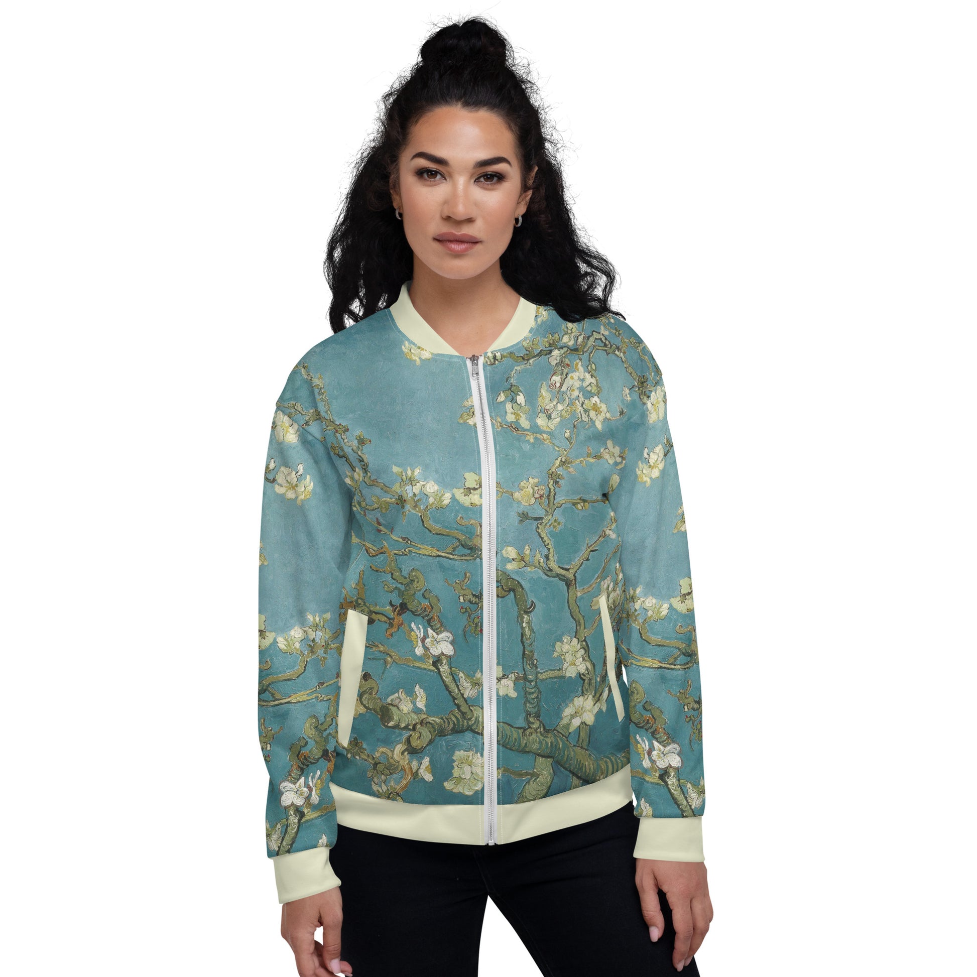 All over printed lightweight bomber style jacket featuring Vincent Van Gogh's Almond Blossom. female model facing forward.