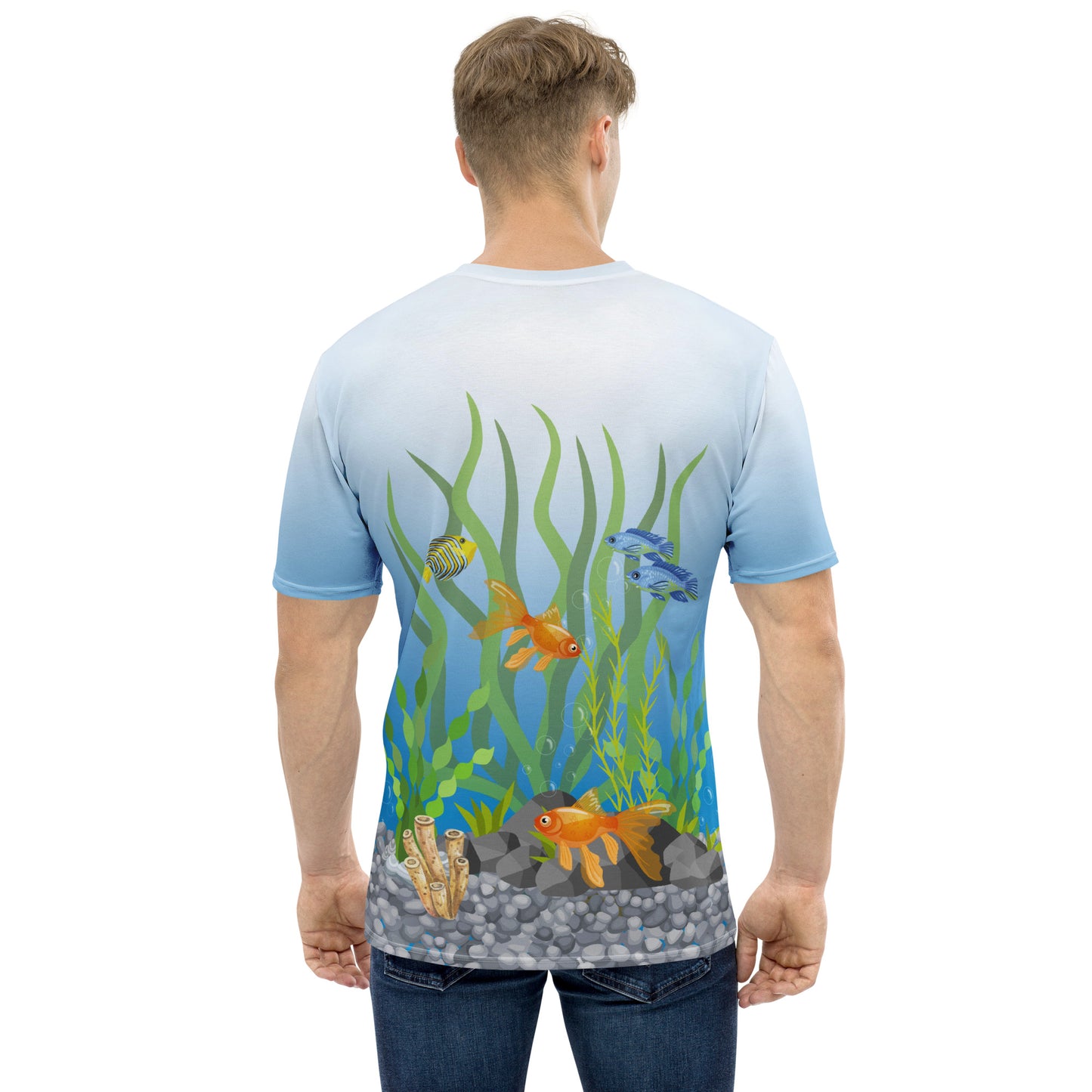 male model facing away from camera wearing a Tropical fish aquarium scene all over print men's novelty T-shirt