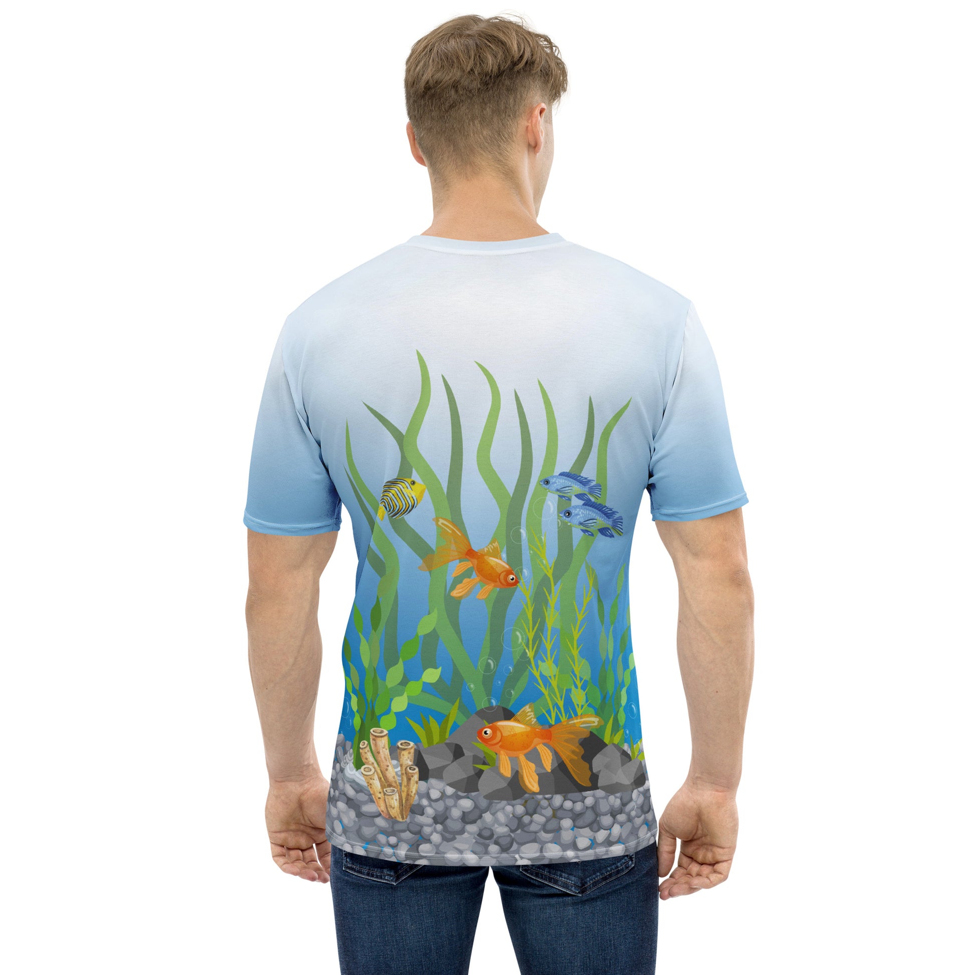 male model facing away from camera wearing a Tropical fish aquarium scene all over print men's novelty T-shirt