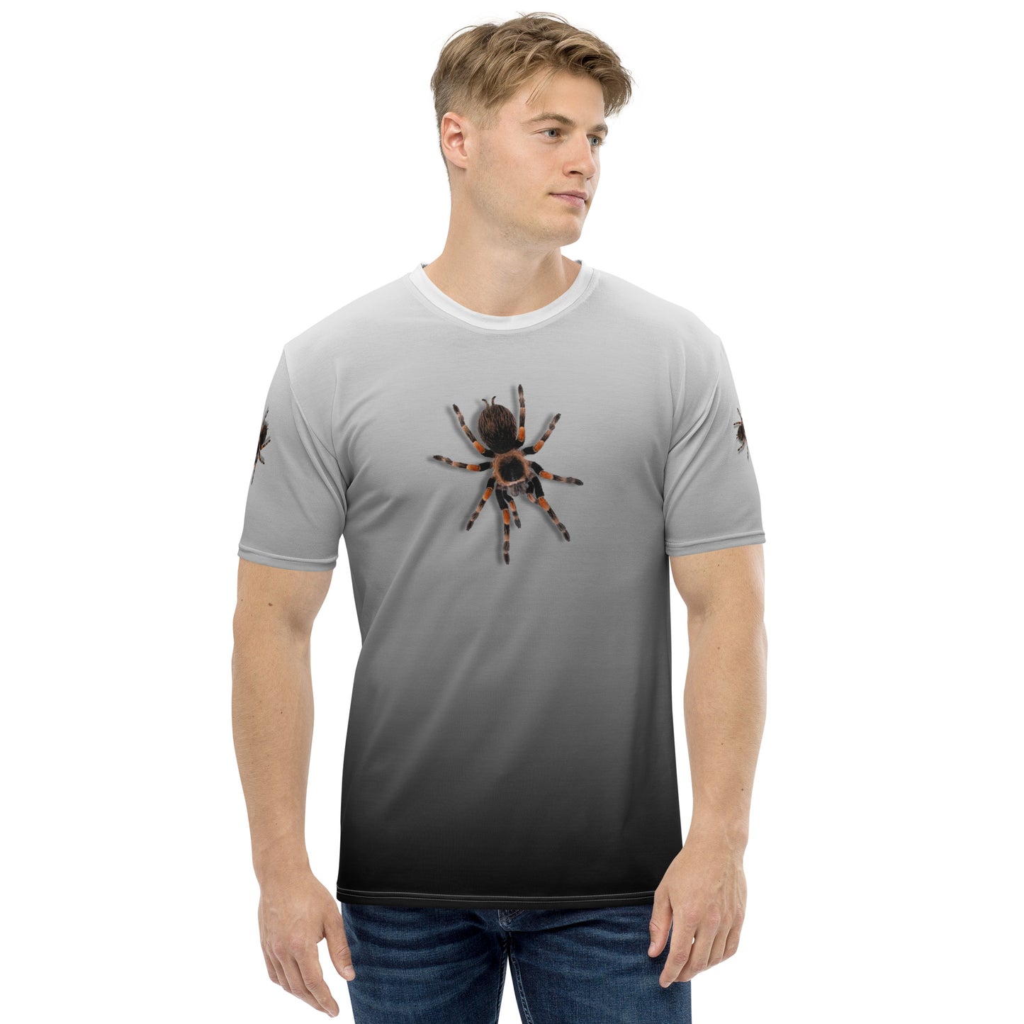 Men's 3D Tarantula spiders all over print T-shirt, with realistic tarantulas on both arms, front and back of shirt. Shirt colour is monochrome gradient. Male model facing forward.