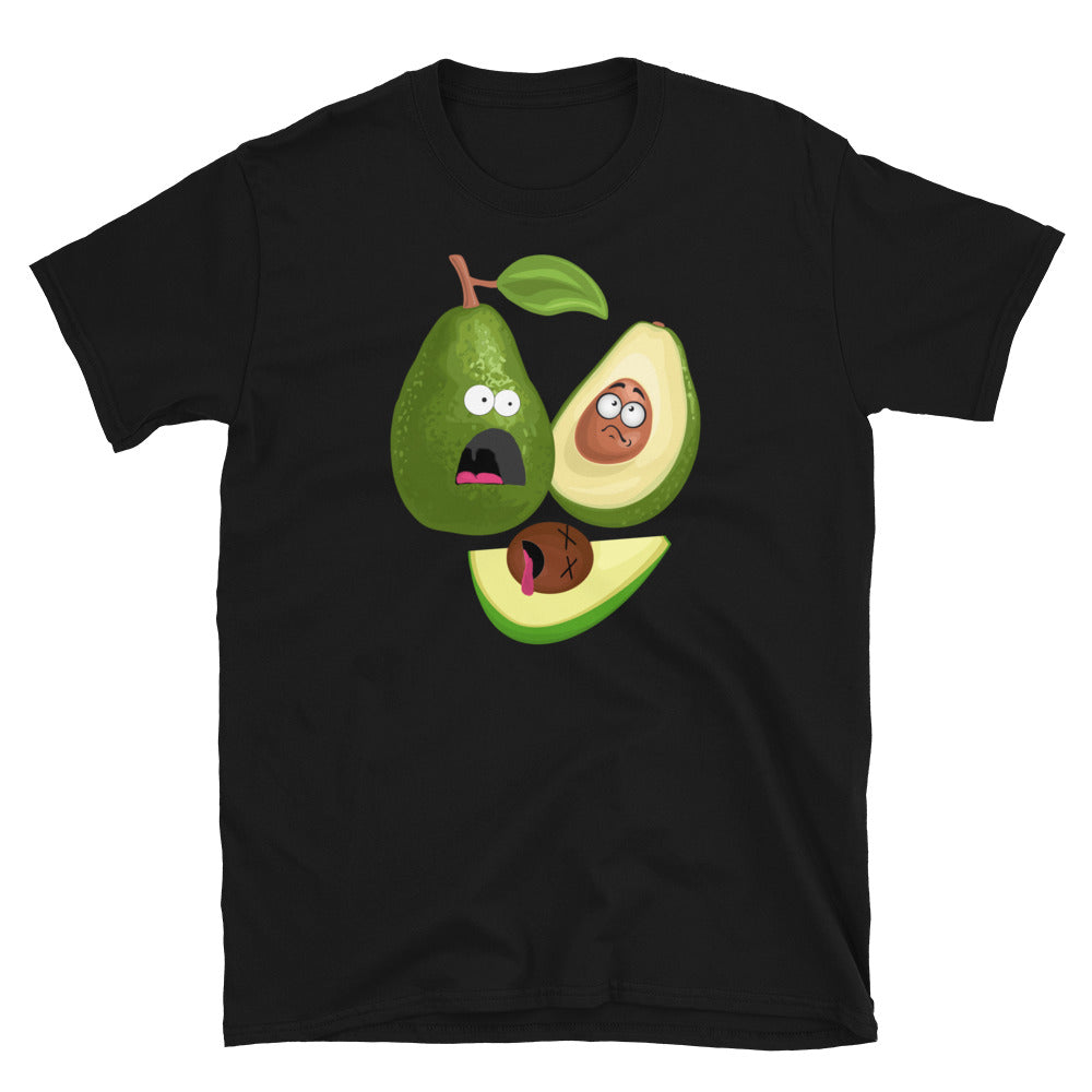 Avocado massacre funny T-shirt, black, laid flat