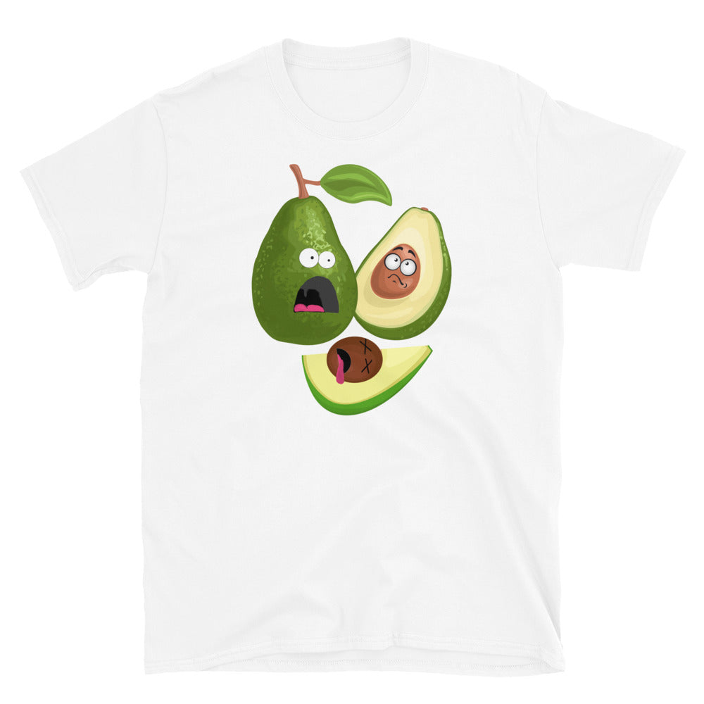 Avocado T shirt showing a shocked avocado seeing a cut up avocado.