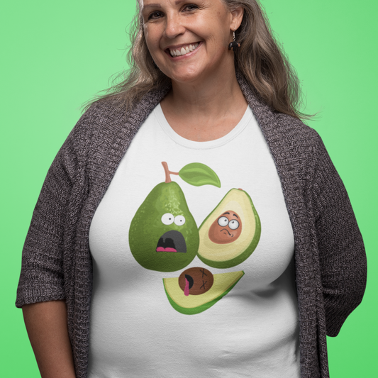 Plus size lady wearing a Avocado massacre funny T-shirt in white