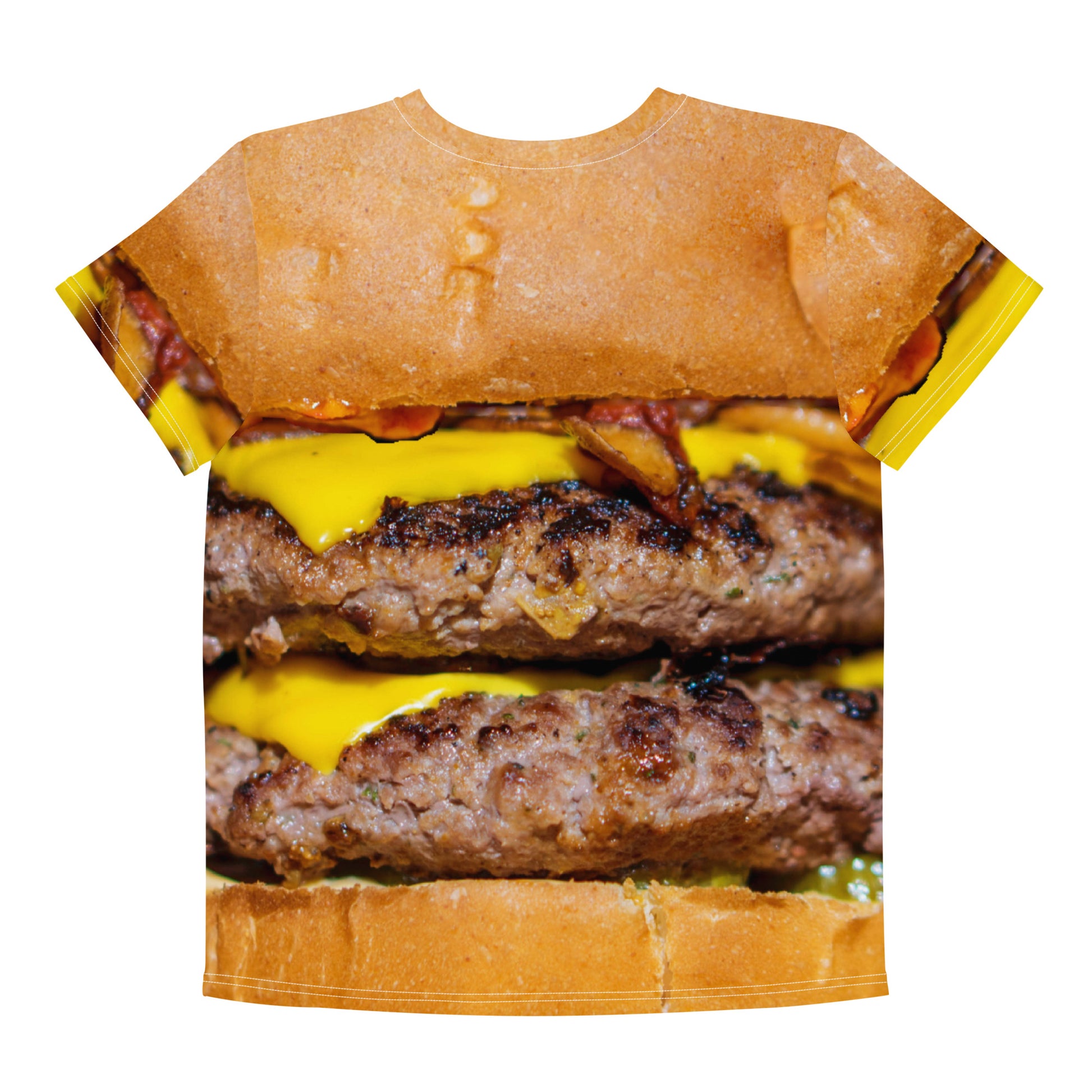 Cheeseburger all over print T-shirt, laid flat, back view