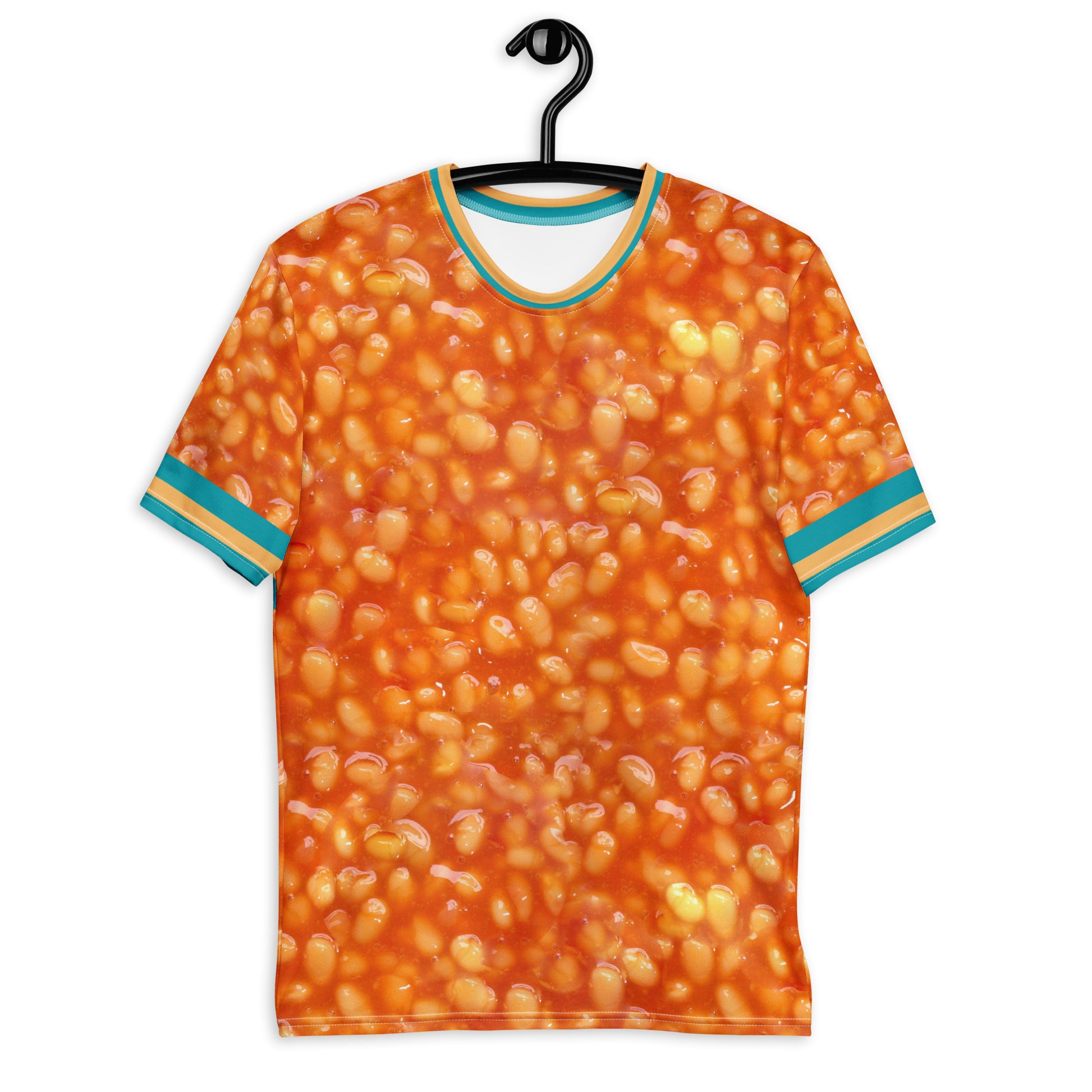 All over printed baked beans in tomato sauce Tee shirt with brand colour stripes