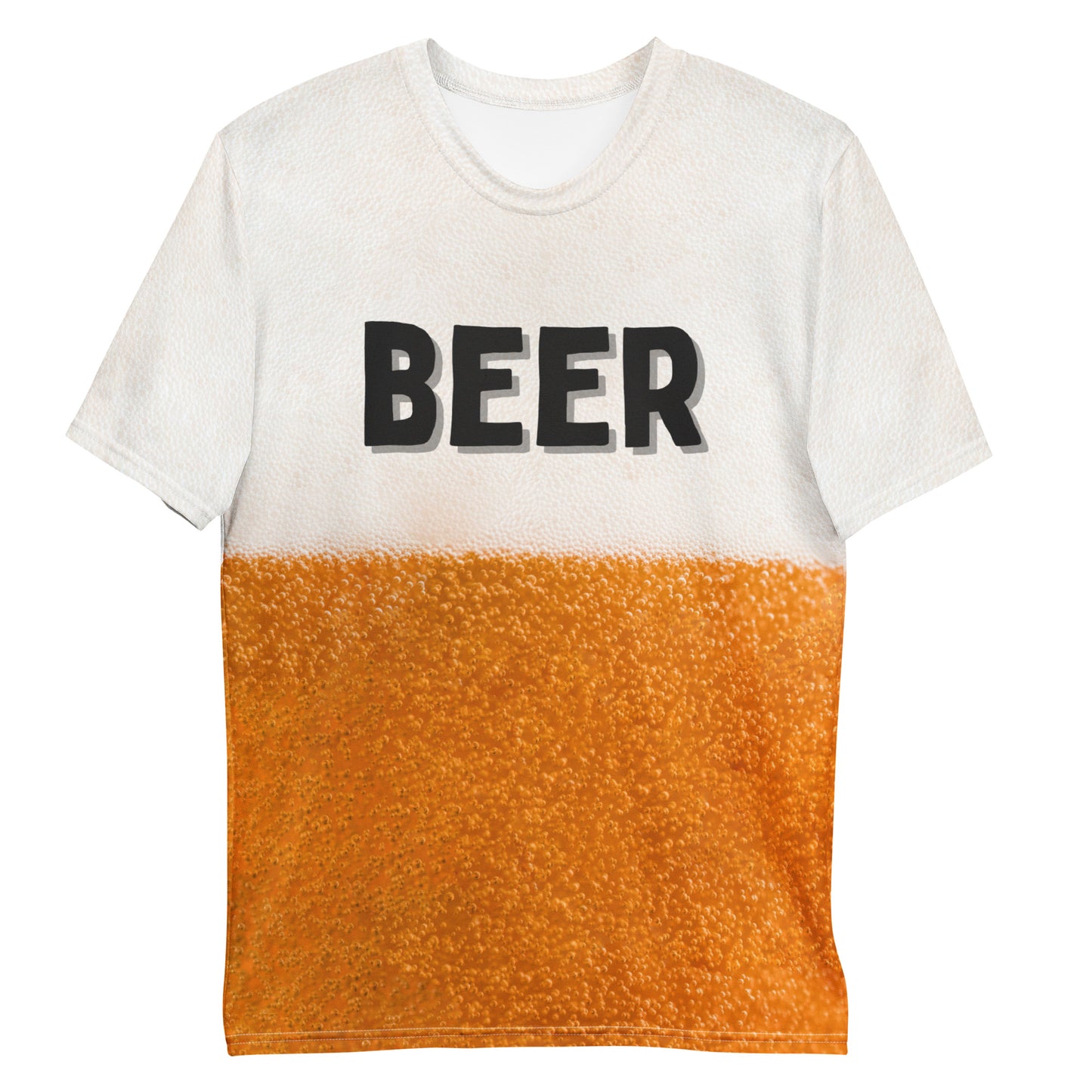 Beer bubbles with a frothy head all over print men's T-shirt with text that reads BEER