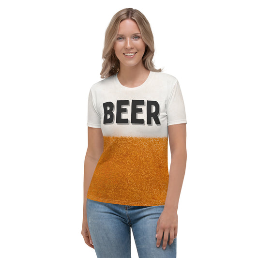 Women's BEER BUBBLES all over print T-shirt female model facing forward, text reads BEER on shirt