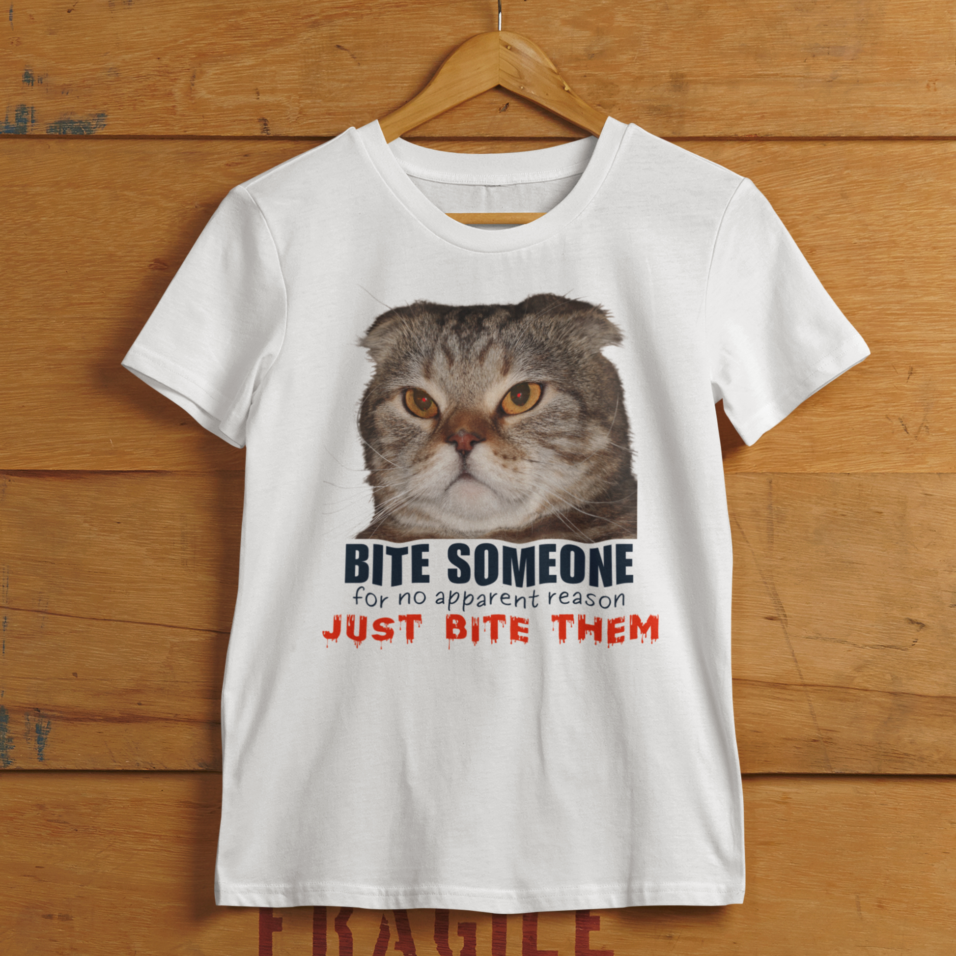 white evil cat T-shirt with grumpy cat that reads Bite Someone, for no apparent reason, Just Bite Them