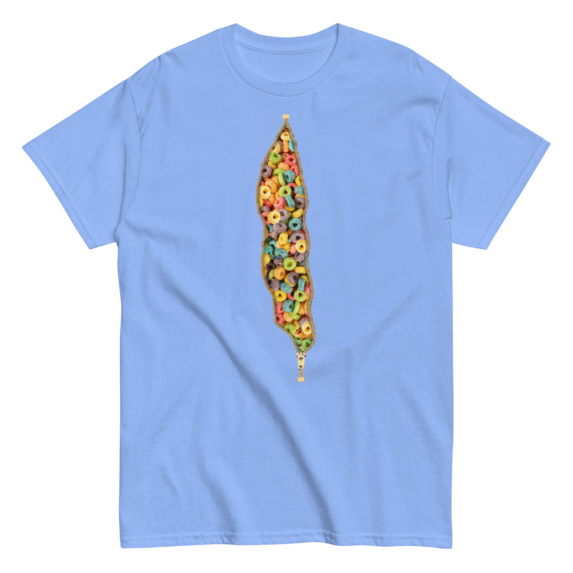 Blue Tee shirt with an open zipper design revealing Froot Loops underneath