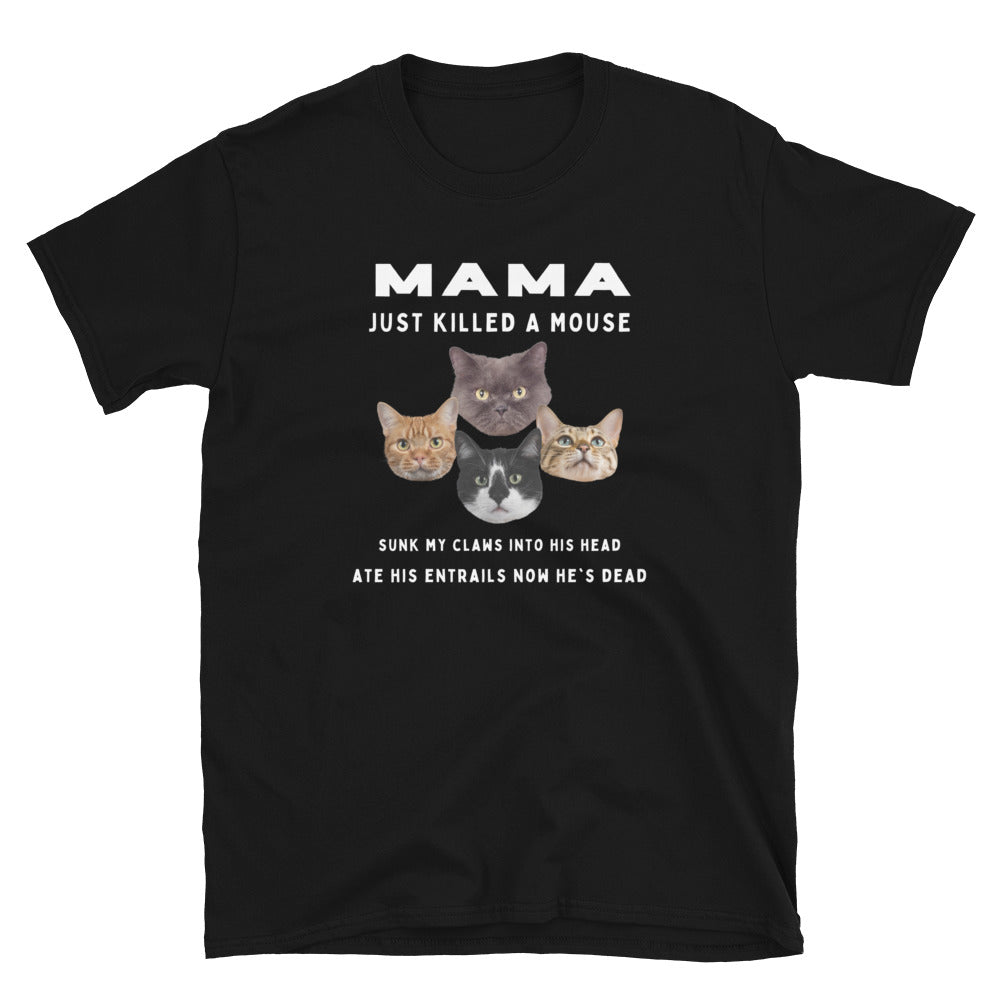 Funny Bohemian Rhapsody Spoof T-shirt with 4 cats and text that reads Mama just killed a mouse etc