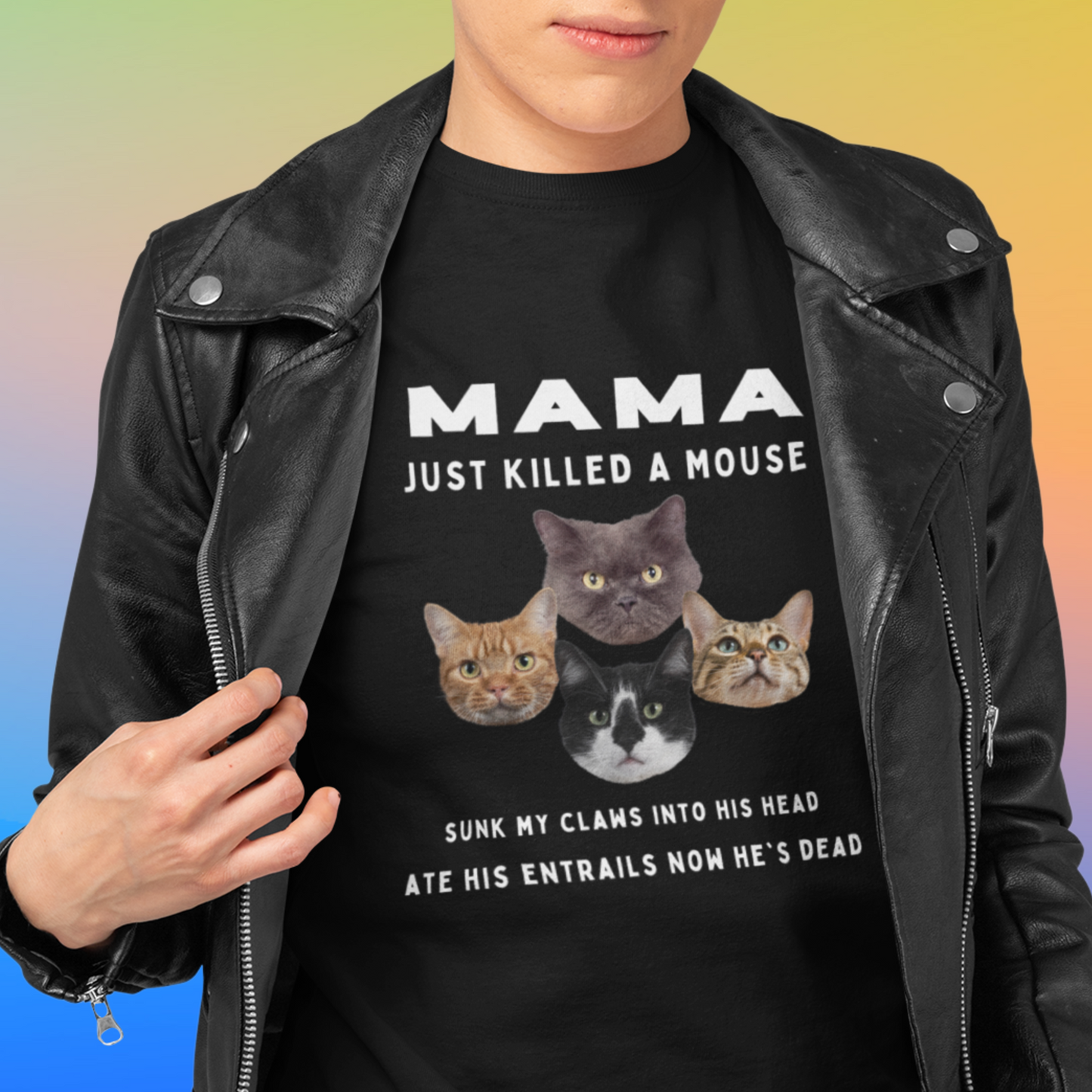 Funny Bohemian Rhapsody Spoof T-shirt with 4 cats and text that reads Mama just killed a mouse etc