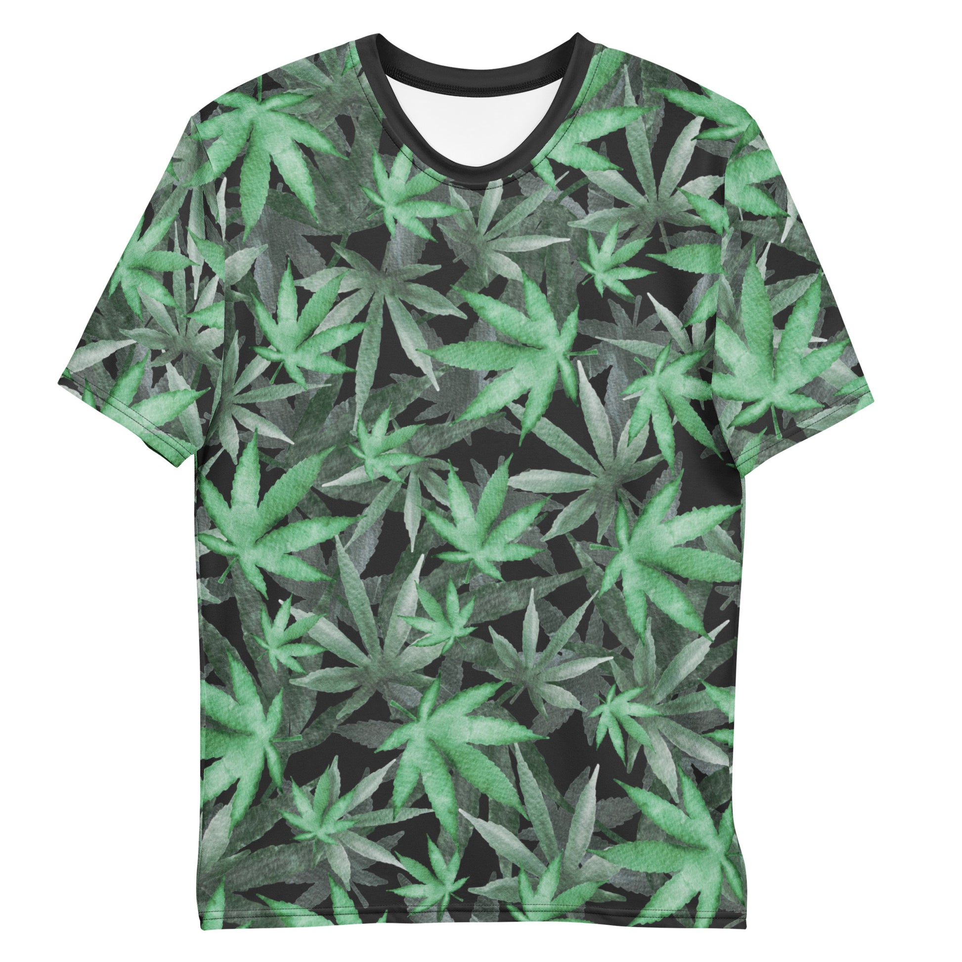 Cannabis marijuana weed leaves all over print men's T-shirt front view laid flat