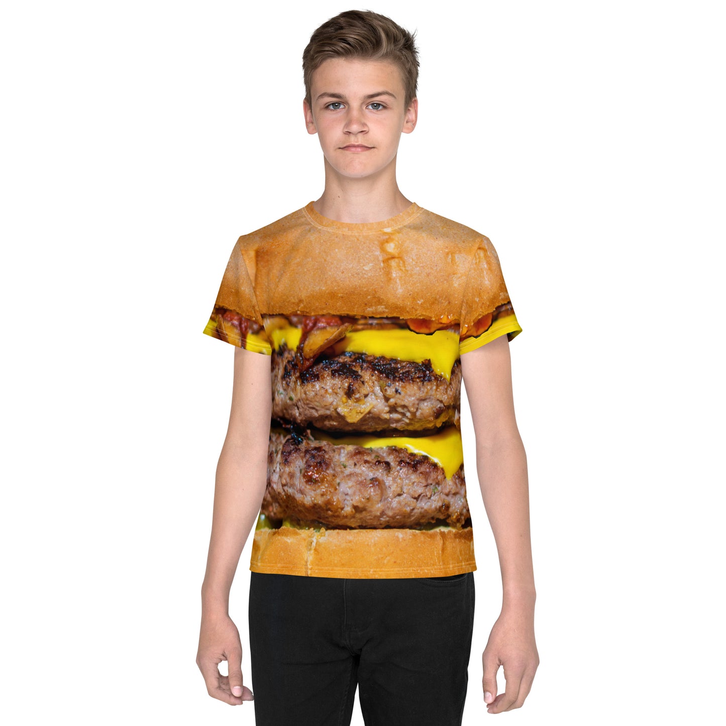 Boy wearing cheeseburger all over print T-shirt, front view