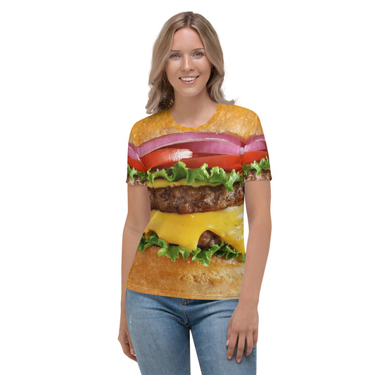 Female model wearing Cheeseburger all over print women's T-shirt