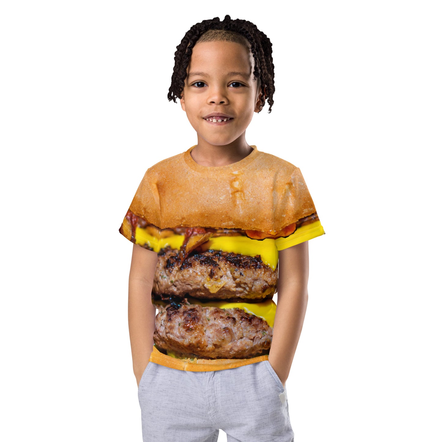 Cheeseburger T-shirt with all over print design for kids age 2 to 7 years.