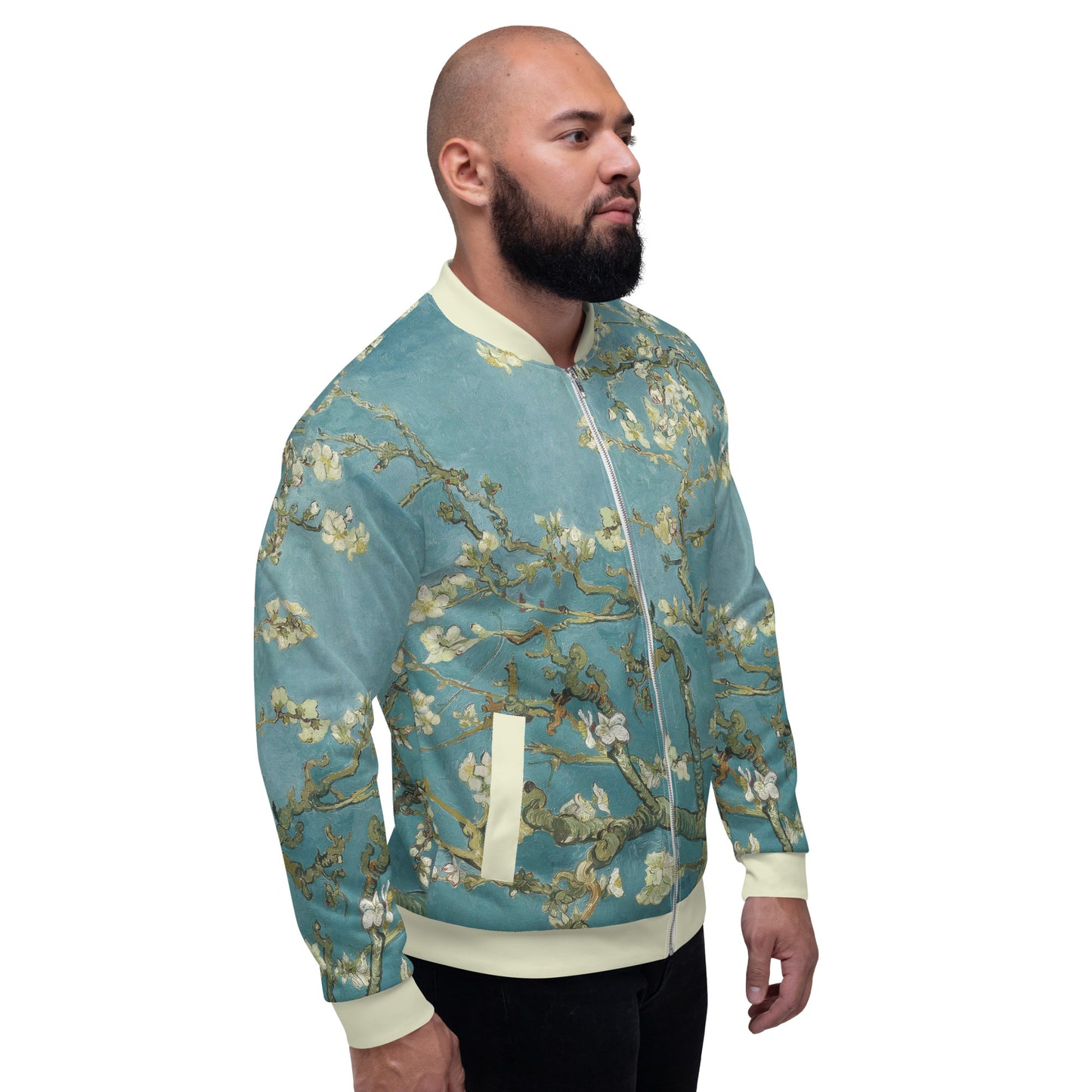 All over printed lightweight bomber style jacket featuring Vincent Van Gogh's Almond Blossom.