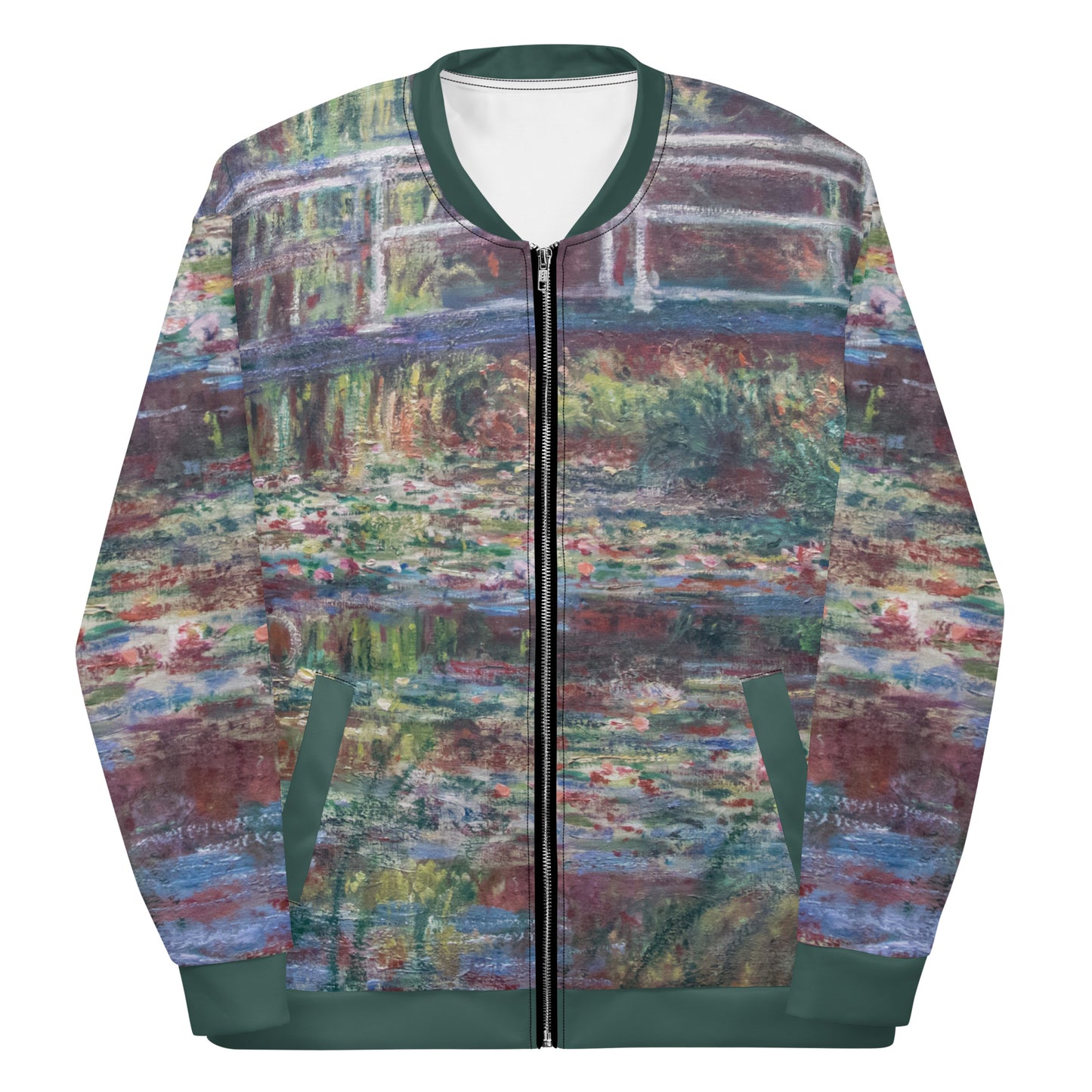 Lightweight bomber style jacket featuring Monets 'Le Bassin aux nymphéas, Harmonie rose' Unisex Lightweight Jacket - Bridge Over Monets Pond & Water Lilies Print.