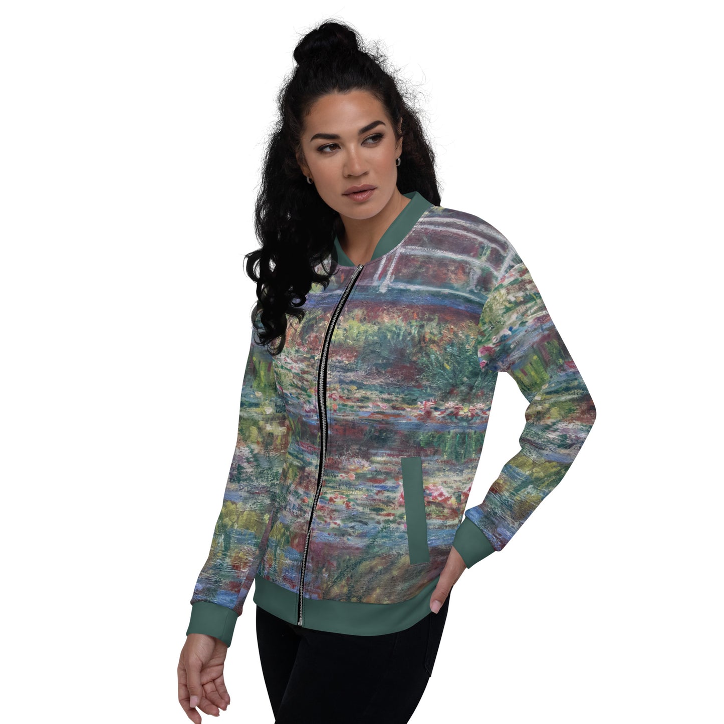 Lightweight bomber style jacket featuring Monets 'Le Bassin aux nymphéas, Harmonie rose' Unisex Lightweight Jacket - Bridge Over Monets Pond & Water Lilies Print. female model.