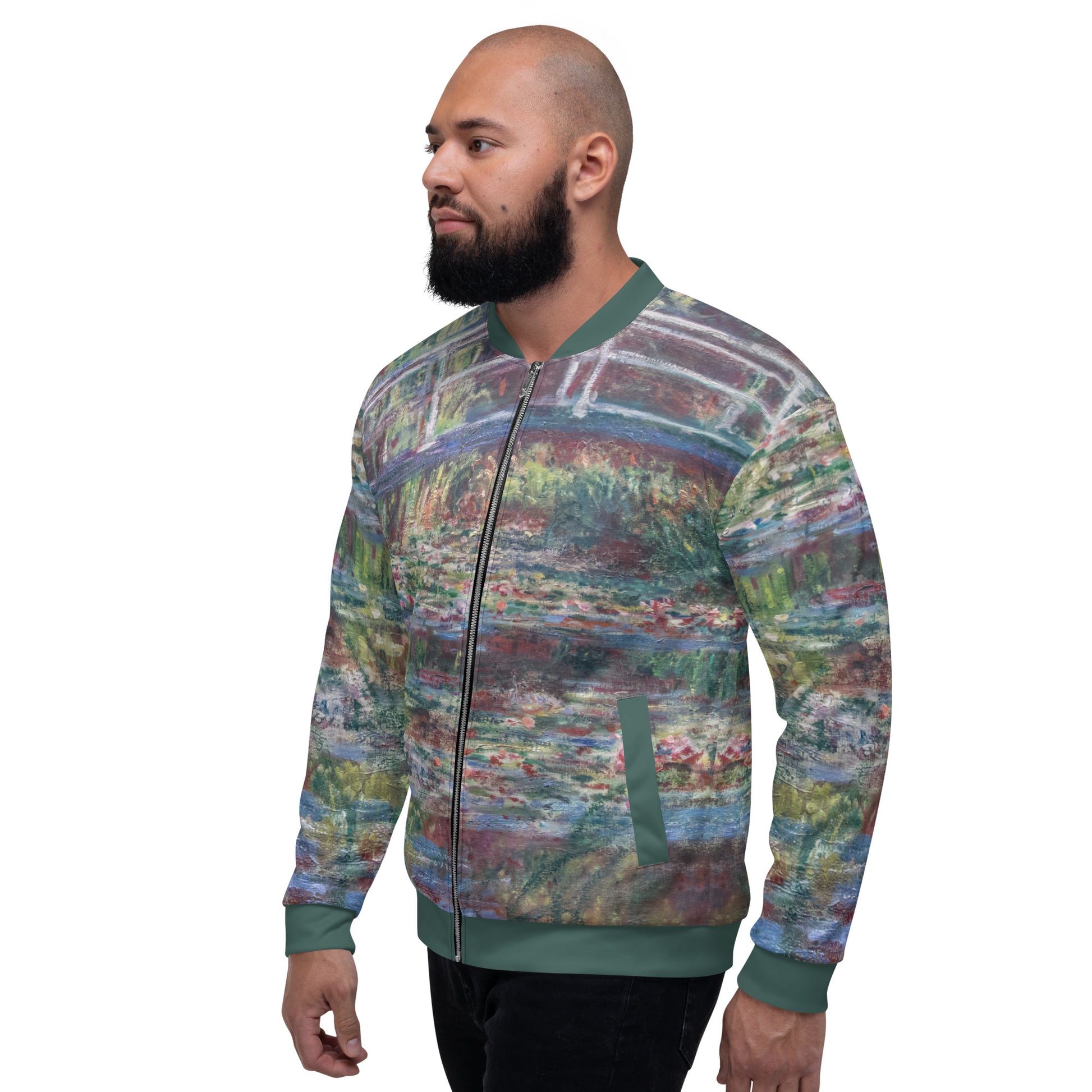 Lightweight bomber style jacket featuring Monets 'Le Bassin aux nymphéas, Harmonie rose' Unisex Lightweight Jacket - Bridge Over Monets Pond & Water Lilies Print. Male model left side.