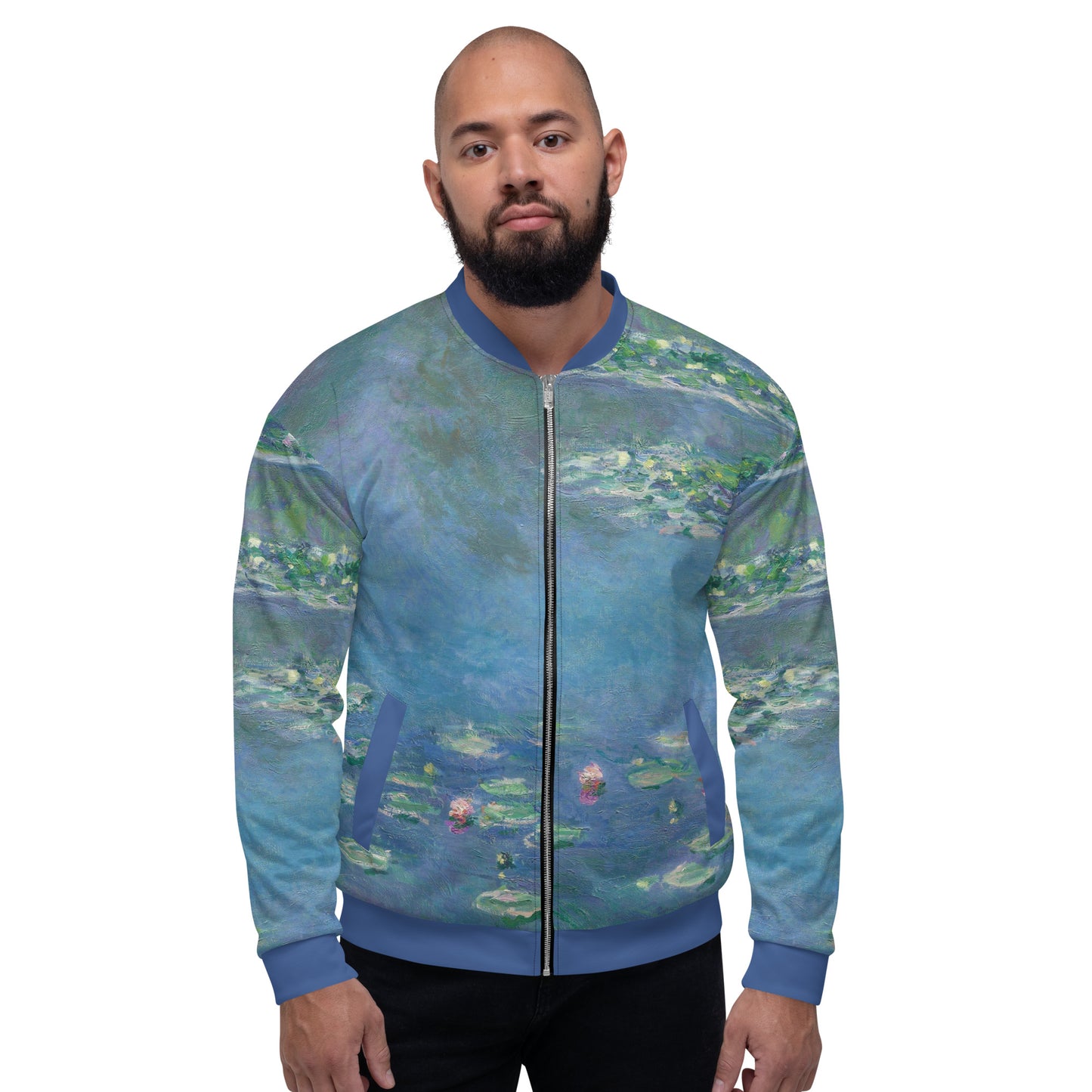 Lightweight unisex bomber style jacket printed with Claude Monet's 'Water Lilies'. Male model facing forward.